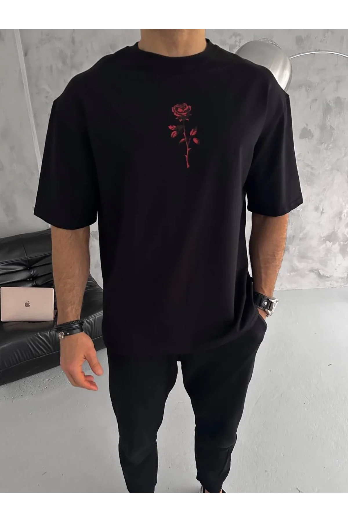 Unisex Bisiklet Yaka Baskılı Oversize T-Shirt - Siyah