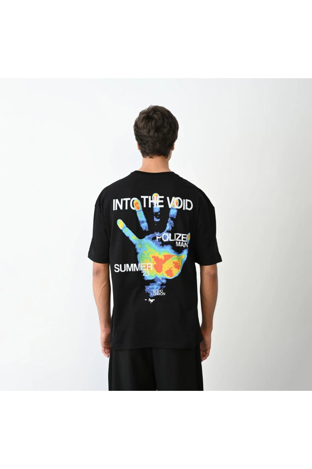 Unisex Bisiklet Yaka Baskılı Oversize T-Shirt - Siyah