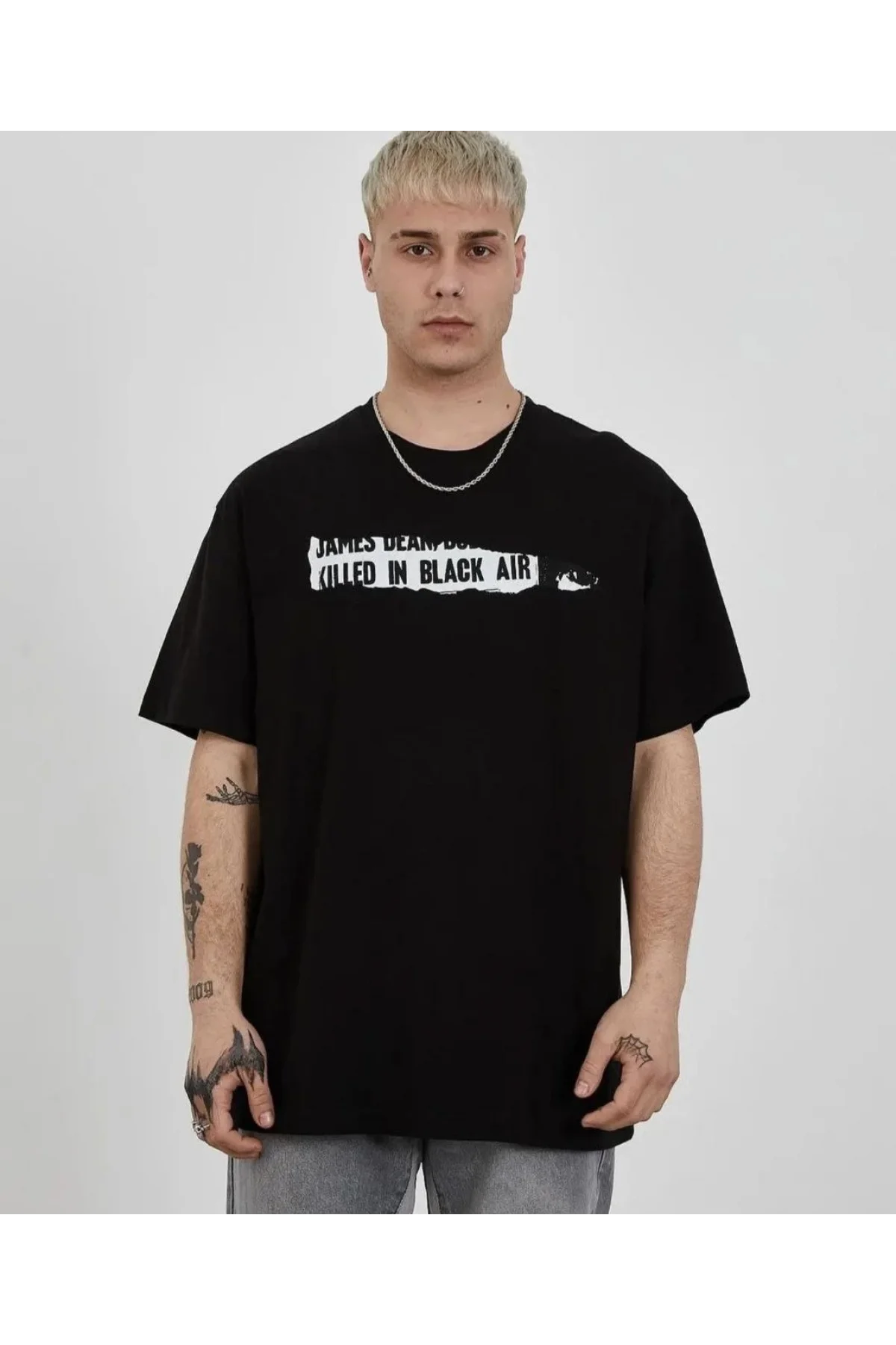 Unisex Bisiklet Yaka Baskılı Oversize T-Shirt - Siyah