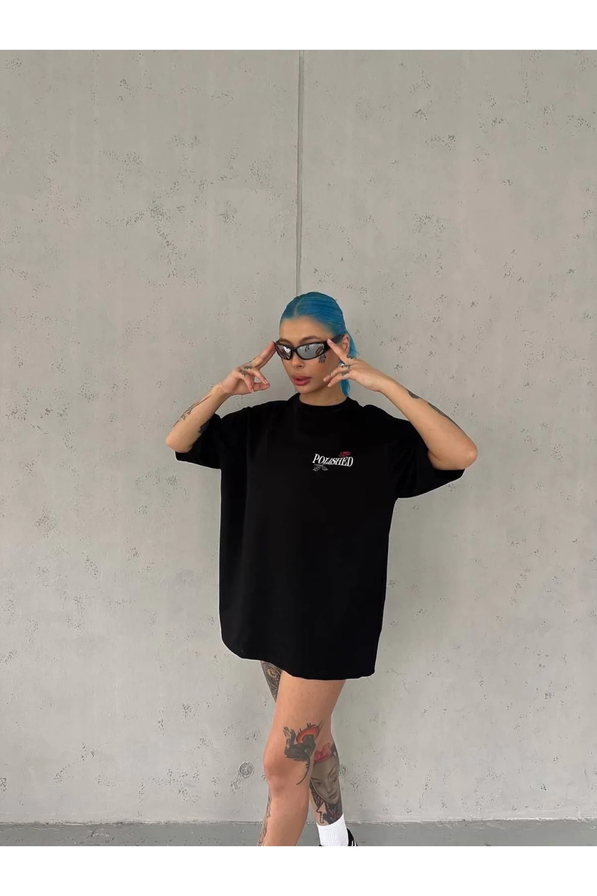 Kadın Bisiklet Yaka Baskılı kısa kol Oversize T-Shirt - Siyah