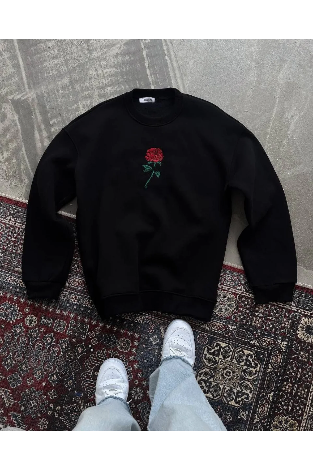 Unisex Bisiklet Yaka Ön Ve Arka Baskılı SweatShirt - Siyah