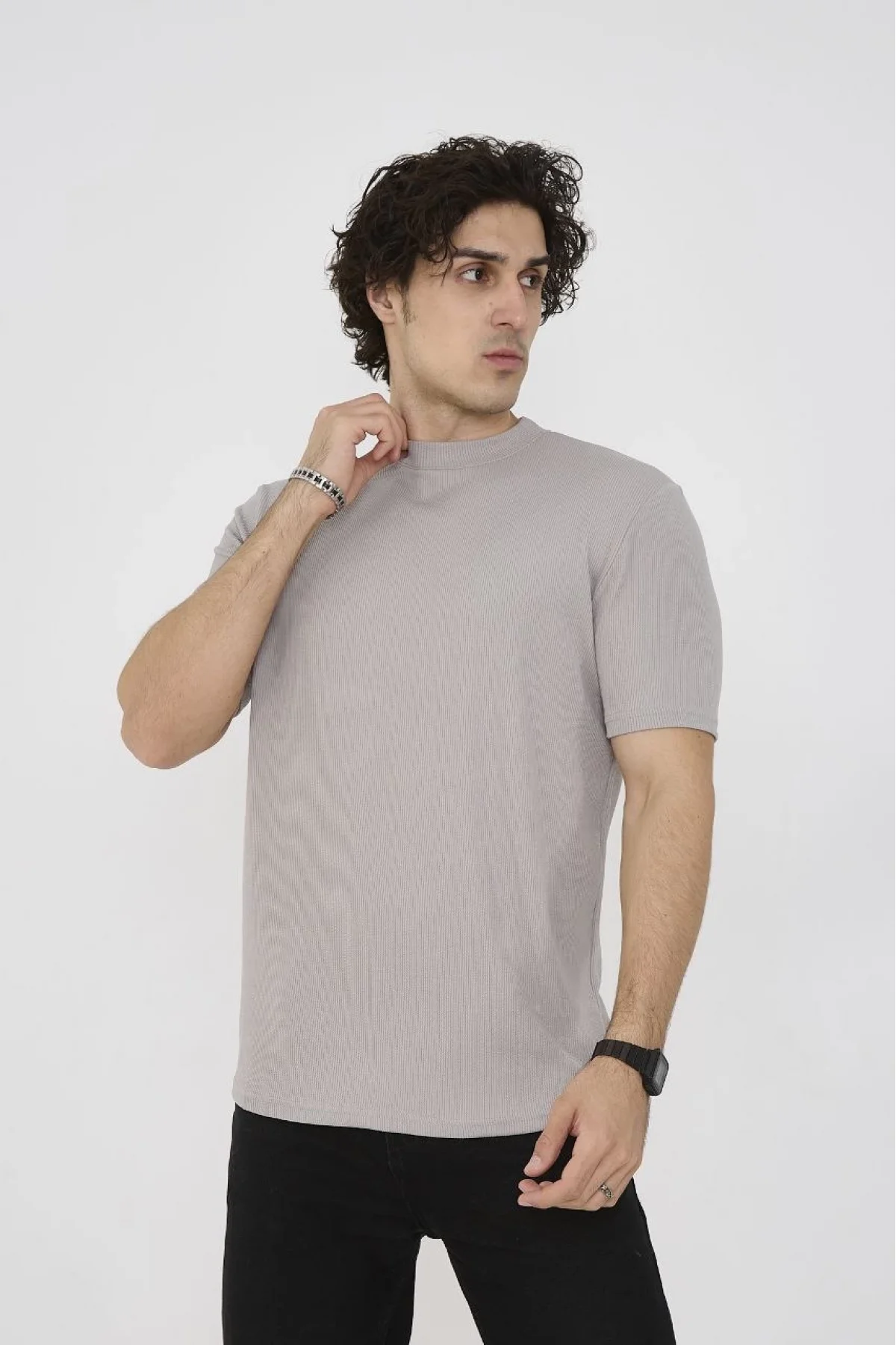 Unisex Bisiklet Yaka Slim fit T-Shirt- Taş