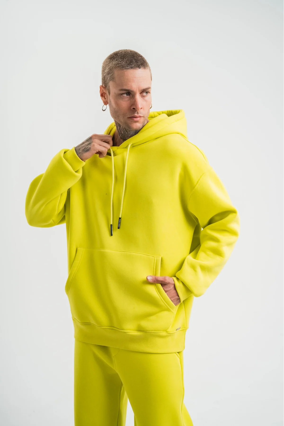 Unisex Double Oversize Kapşonlu Basic SweatShirt - Sarı