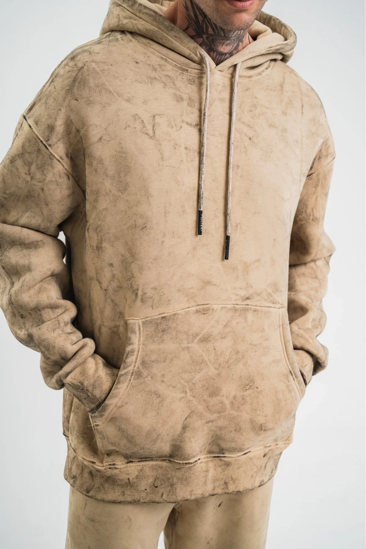 Unisex Double Oversize Kapşonlu Yıkamalı SweatShirt - Bej