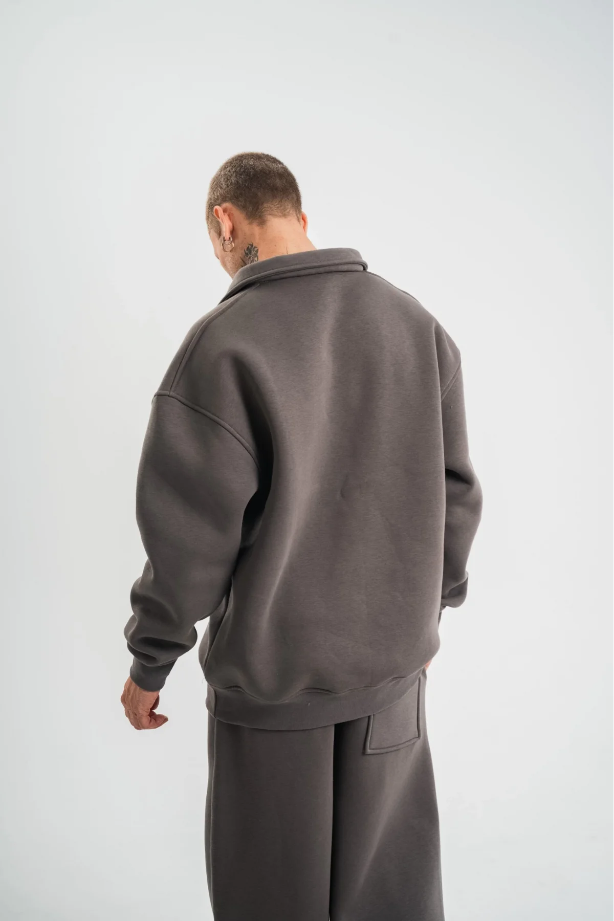 Erkek Patlı Yaka Üç İplik Pamuklu Sweatshirt Double Oversize Rahat Kalıp Günlük Kullanım - Füme