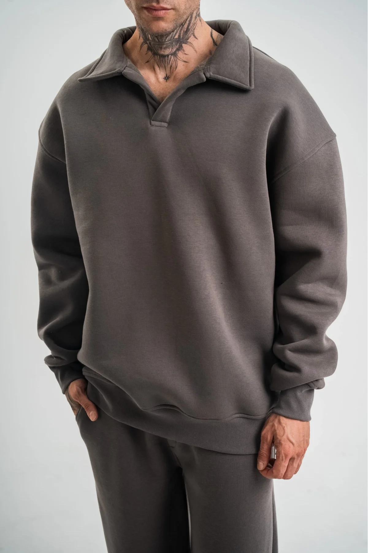 Erkek Patlı Yaka Üç İplik Pamuklu Sweatshirt Double Oversize Rahat Kalıp Günlük Kullanım - Füme