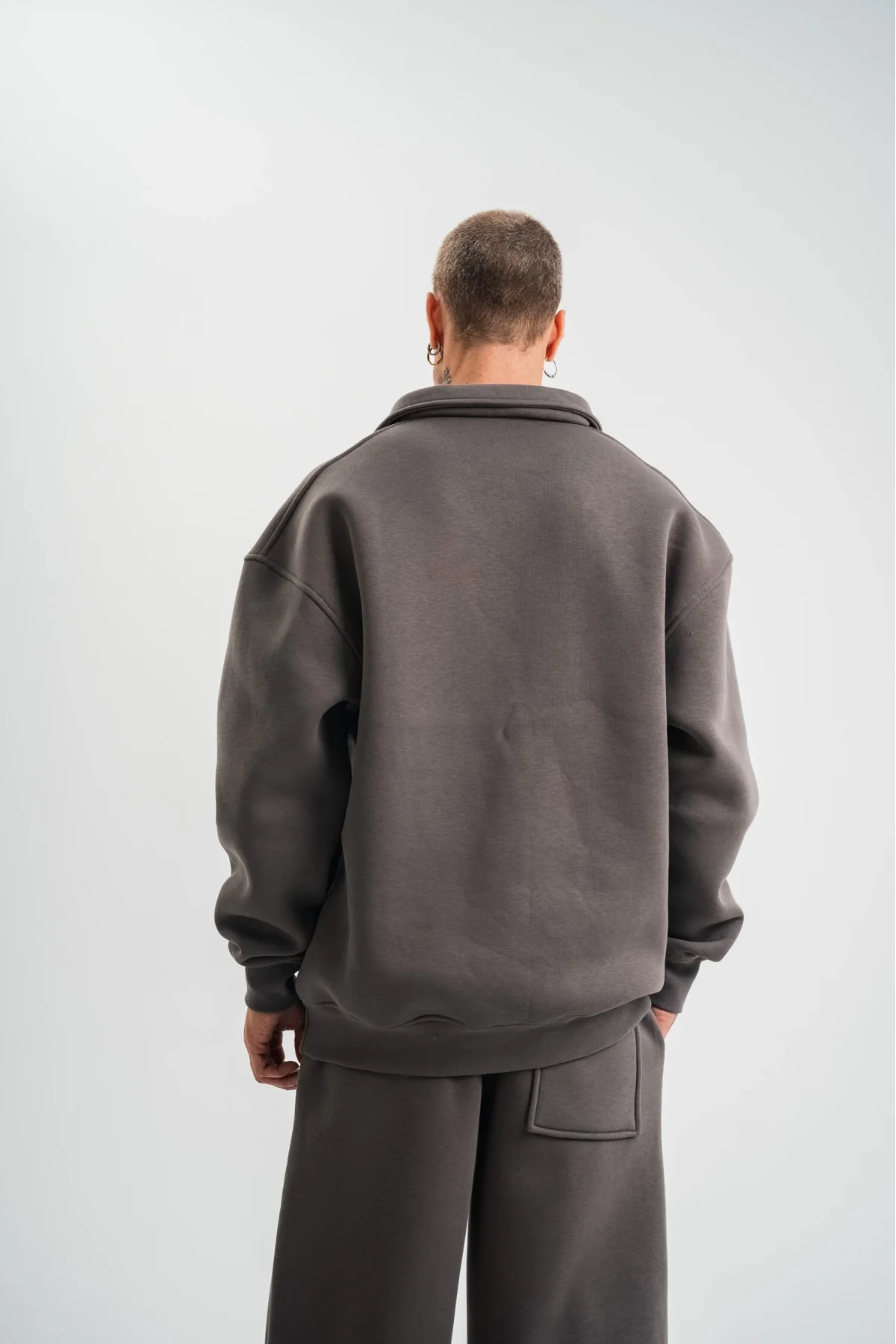 Erkek Patlı Yaka Üç İplik Pamuklu Sweatshirt Double Oversize Rahat Kalıp Günlük Kullanım - Füme
