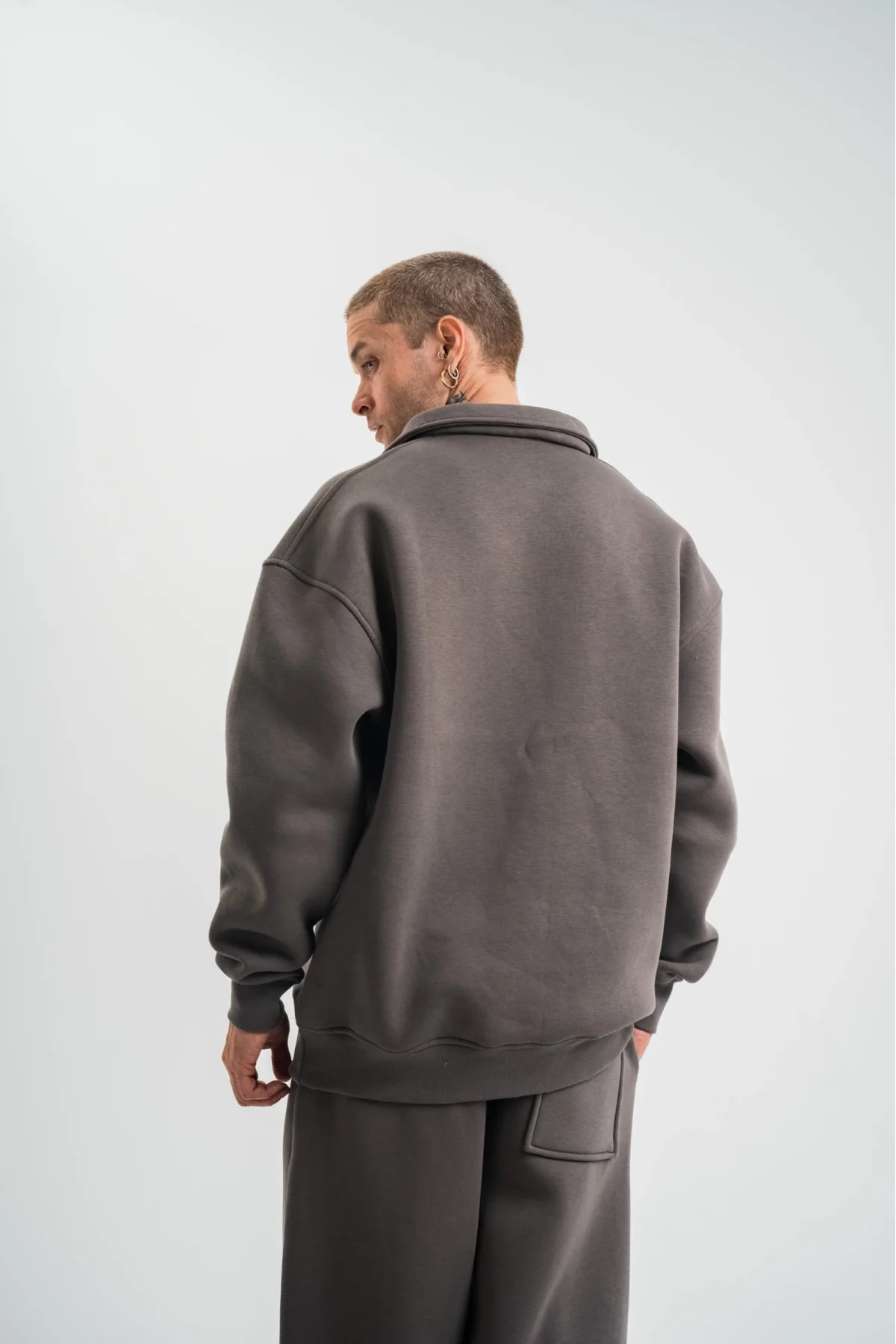 Erkek Patlı Yaka Üç İplik Pamuklu Sweatshirt Double Oversize Rahat Kalıp Günlük Kullanım - Füme