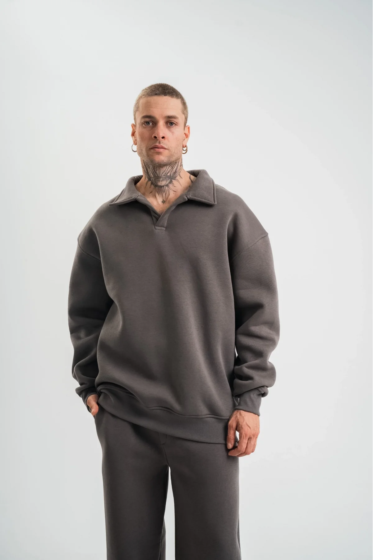 Erkek Patlı Yaka Üç İplik Pamuklu Sweatshirt Double Oversize Rahat Kalıp Günlük Kullanım - Füme