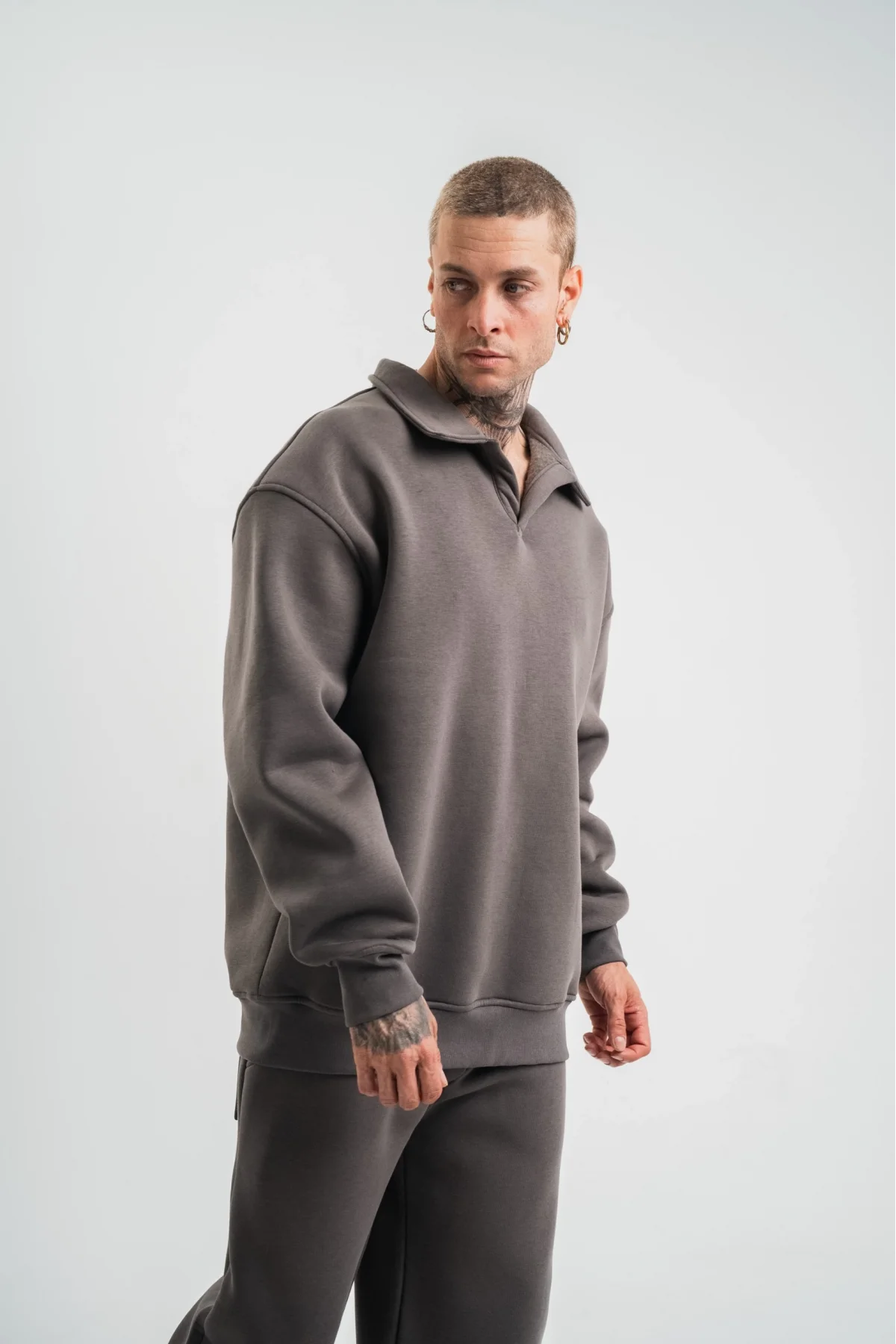 Erkek Patlı Yaka Üç İplik Pamuklu Sweatshirt Double Oversize Rahat Kalıp Günlük Kullanım - Füme