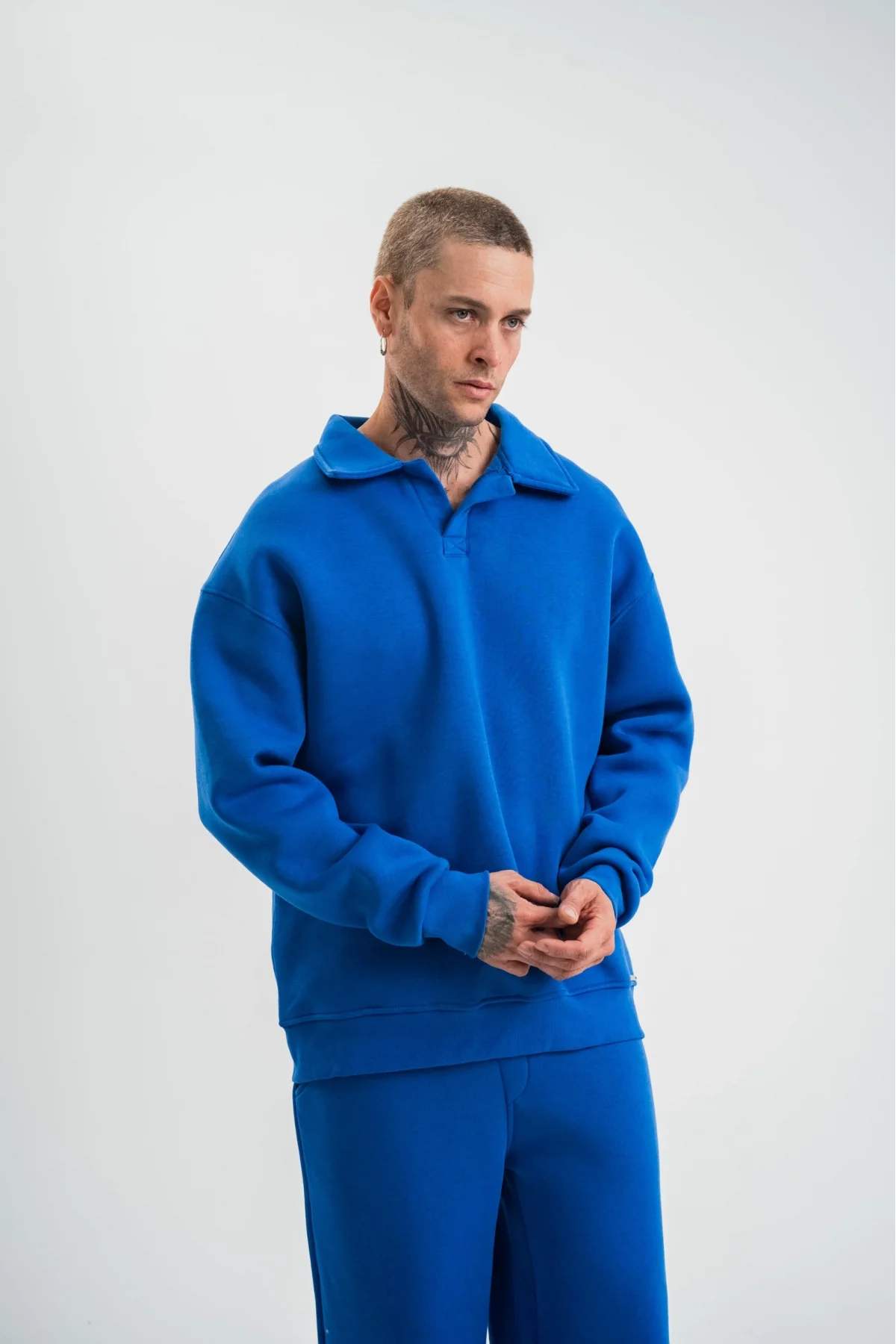 Erkek Patlı Yaka Üç İplik Pamuklu Sweatshirt Double Oversize Rahat Kalıp Günlük Kullanım - Mavi