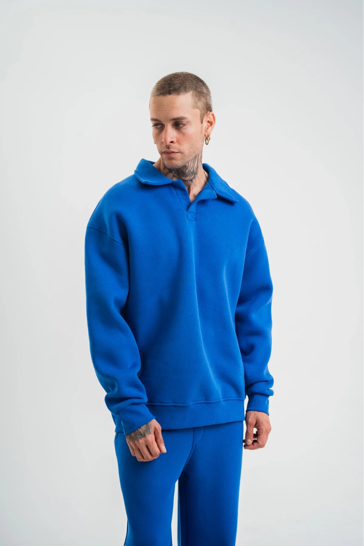 Erkek Patlı Yaka Üç İplik Pamuklu Sweatshirt Double Oversize Rahat Kalıp Günlük Kullanım - Mavi