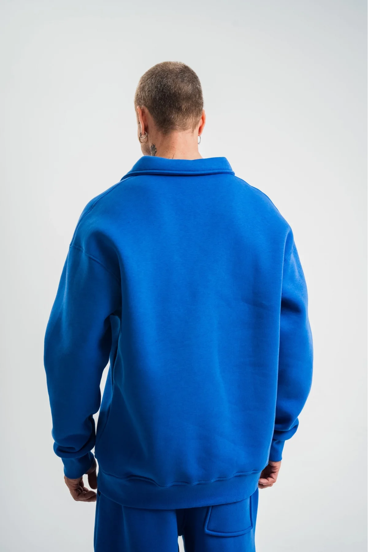 Erkek Patlı Yaka Üç İplik Pamuklu Sweatshirt Double Oversize Rahat Kalıp Günlük Kullanım - Mavi