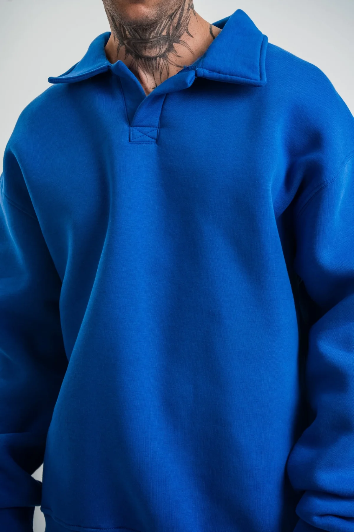 Erkek Patlı Yaka Üç İplik Pamuklu Sweatshirt Double Oversize Rahat Kalıp Günlük Kullanım - Mavi