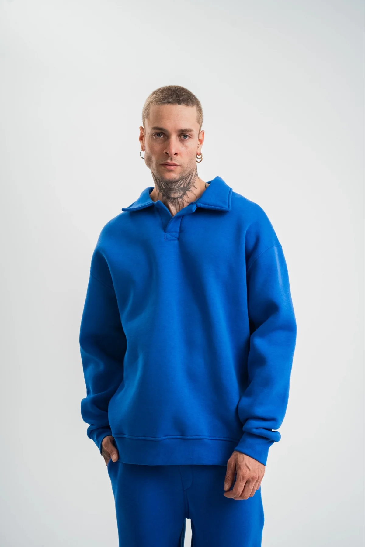 Erkek Patlı Yaka Üç İplik Pamuklu Sweatshirt Double Oversize Rahat Kalıp Günlük Kullanım - Mavi