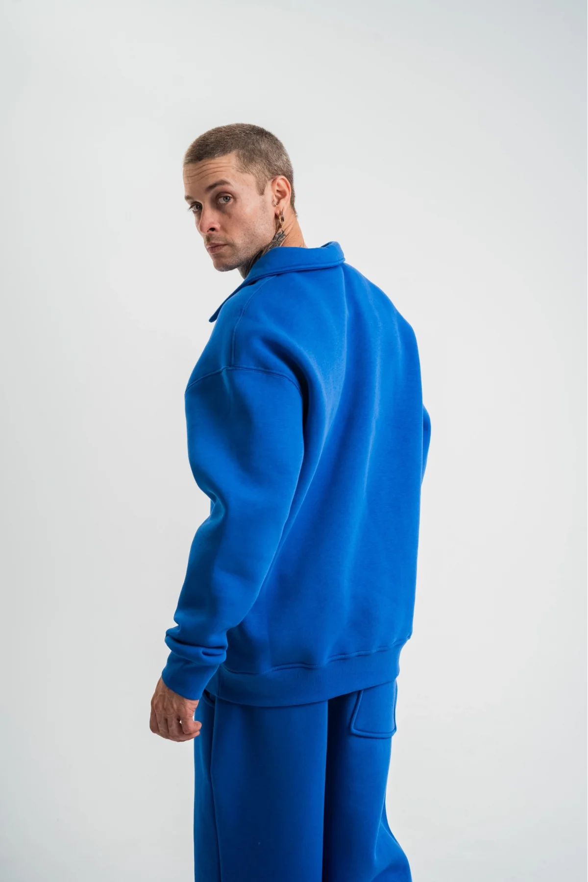 Erkek Patlı Yaka Üç İplik Pamuklu Sweatshirt Double Oversize Rahat Kalıp Günlük Kullanım - Mavi