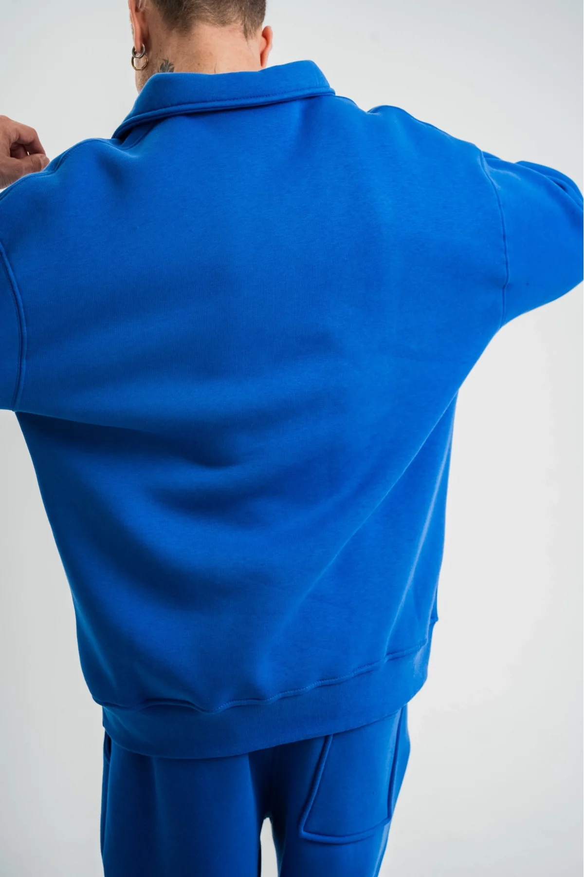 Erkek Patlı Yaka Üç İplik Pamuklu Sweatshirt Double Oversize Rahat Kalıp Günlük Kullanım - Mavi