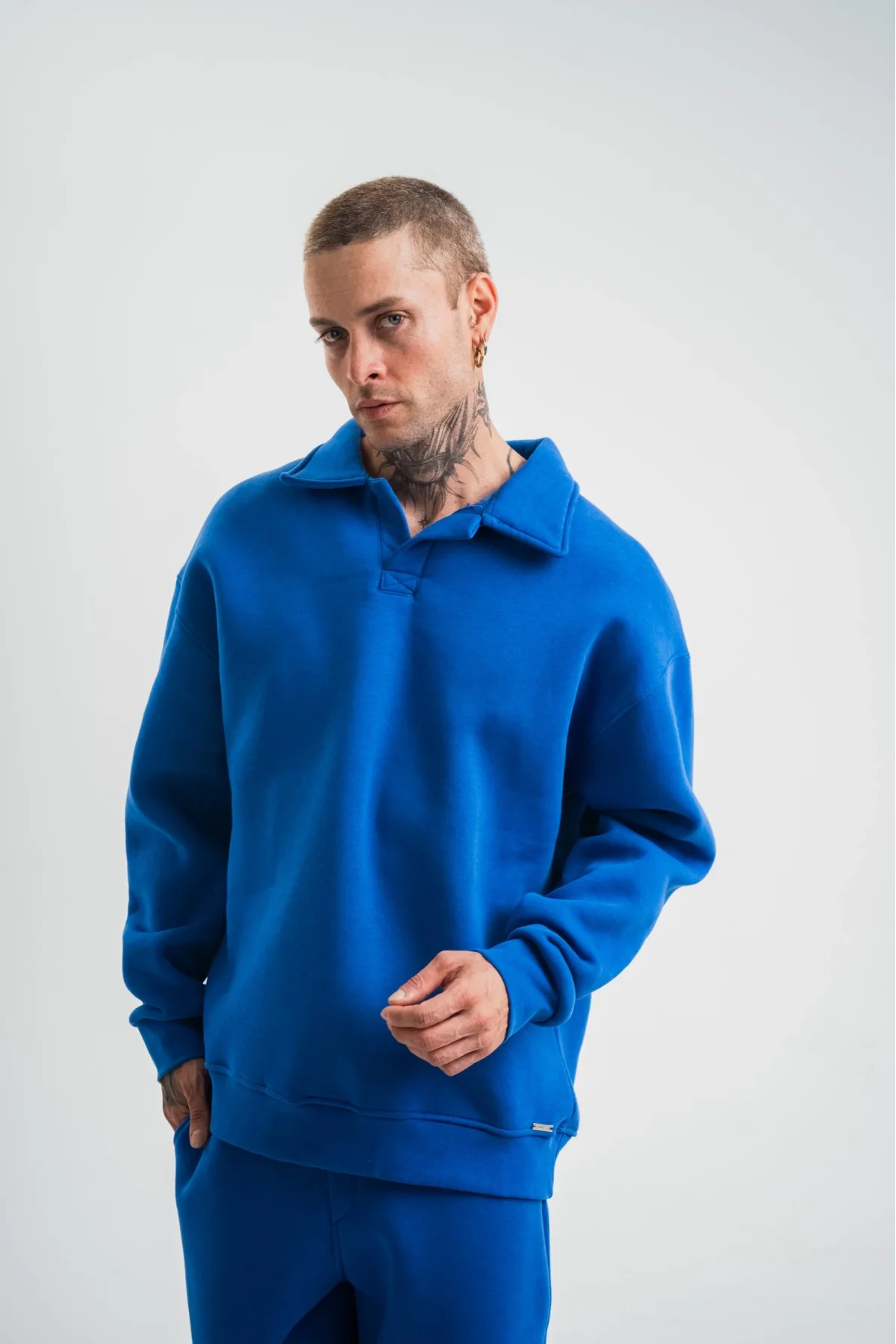 Erkek Patlı Yaka Üç İplik Pamuklu Sweatshirt Double Oversize Rahat Kalıp Günlük Kullanım - Mavi