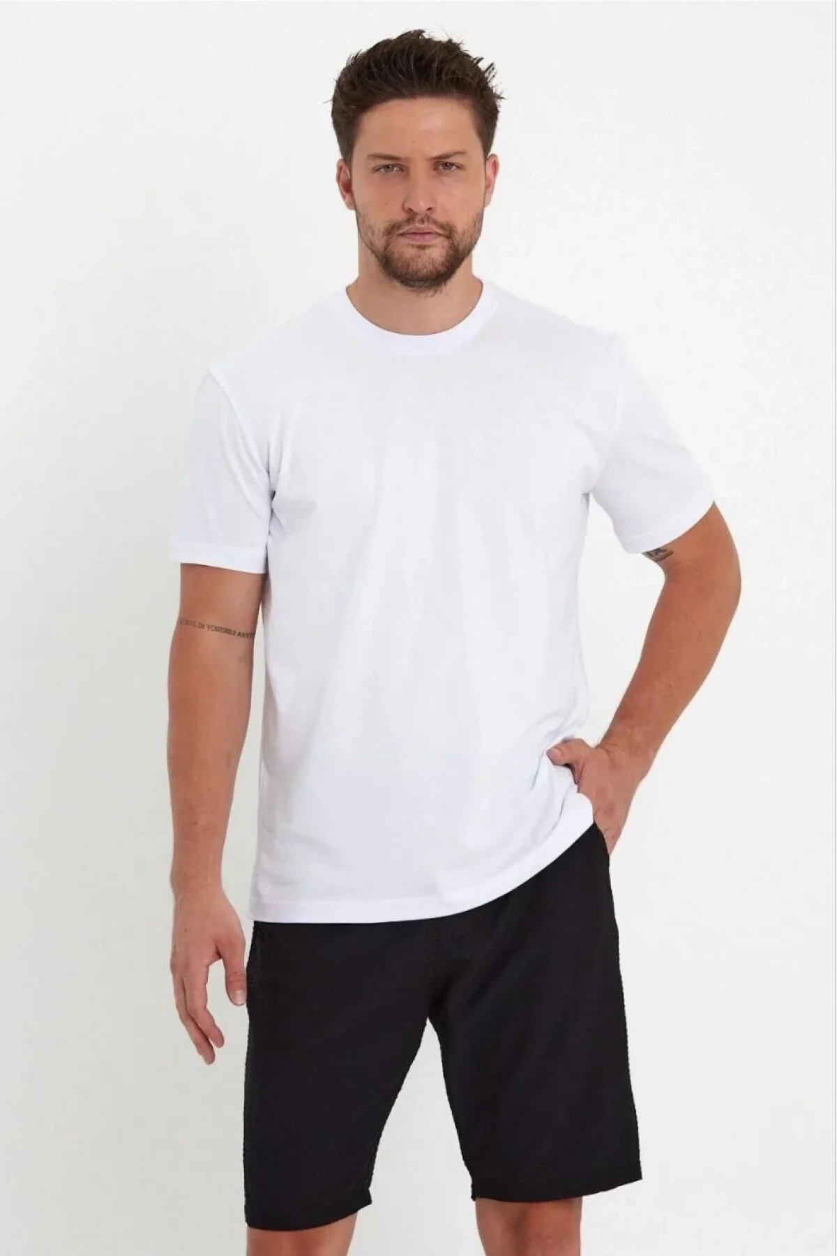 Erkek Düz T-Shirt Kısa Kol Bisiklet Yaka Regular Fit Rahat Kalıp Günlük Tişört - Beyaz