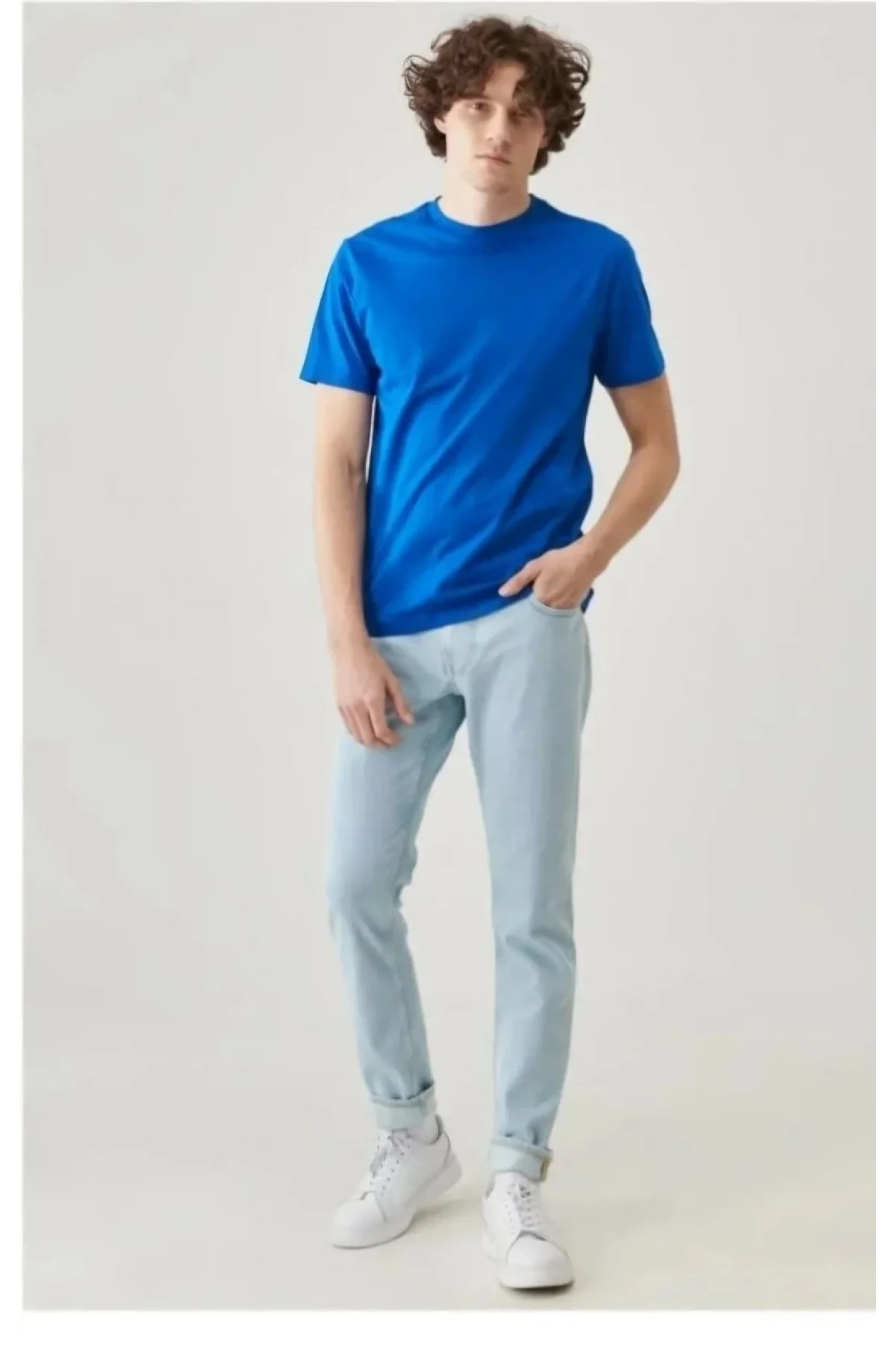 Unisex Düz Biskilet Yaka Oversize T-shirt - Mavi