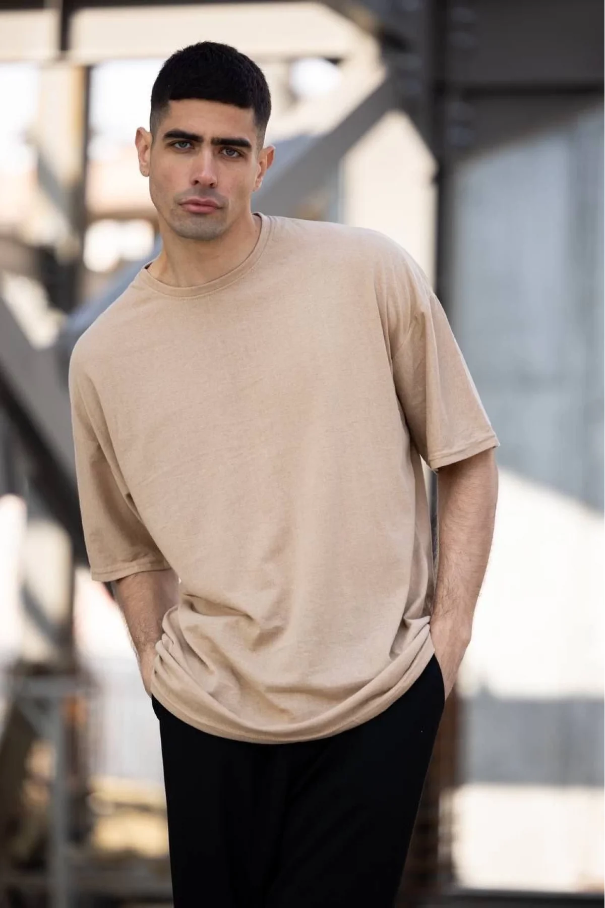 Erkek Düz T-Shirt Kısa Kol Bisiklet Yaka Regular Fit Rahat Kalıp Günlük Tişört - Bej