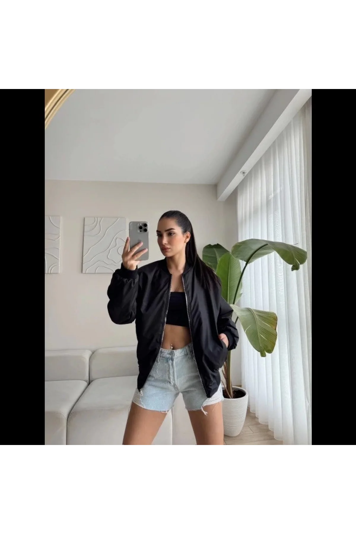 Kadın Siyah Bomber Mont – Oversize Rahat Kalıp, Fermuarlı Cepli, Günlük Kombinlere Uygun Hafif Kapitone Mont- Siyah