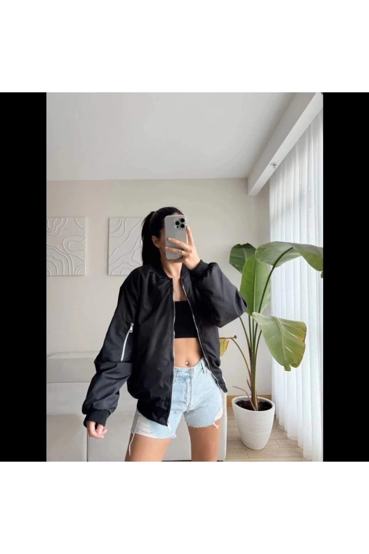 Kadın Siyah Bomber Mont – Oversize Rahat Kalıp, Fermuarlı Cepli, Günlük Kombinlere Uygun Hafif Kapitone Mont- Siyah