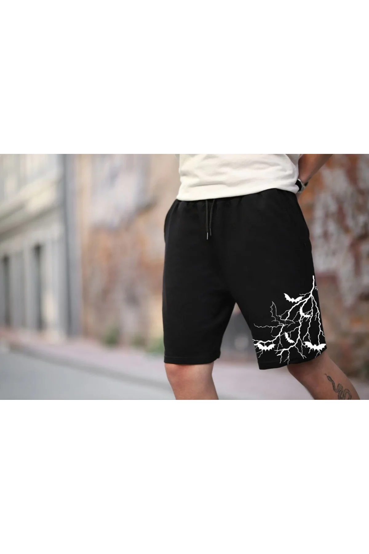 Unisex İki İplik Baskılı Oversize Şort - Siyah