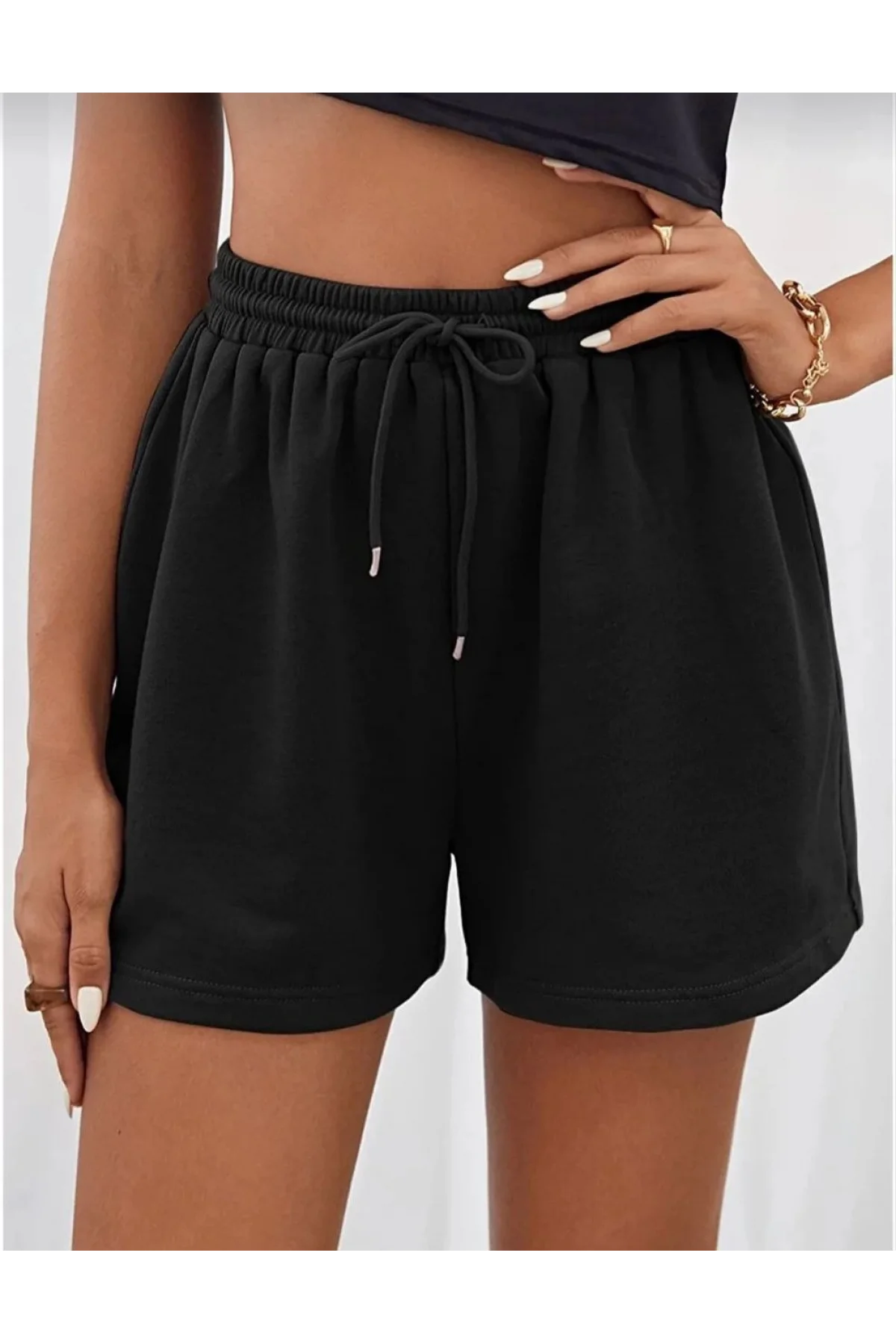 Unisex İki İplik Düz Oversize Şort - Siyah