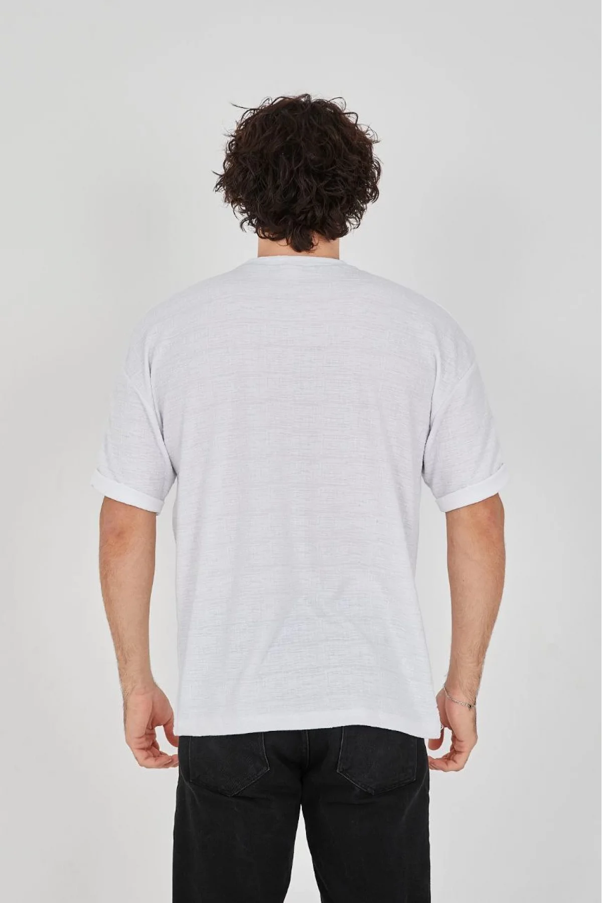 Unisex Jakar Kumaş Rahat Kol T-Shirt - Beyaz