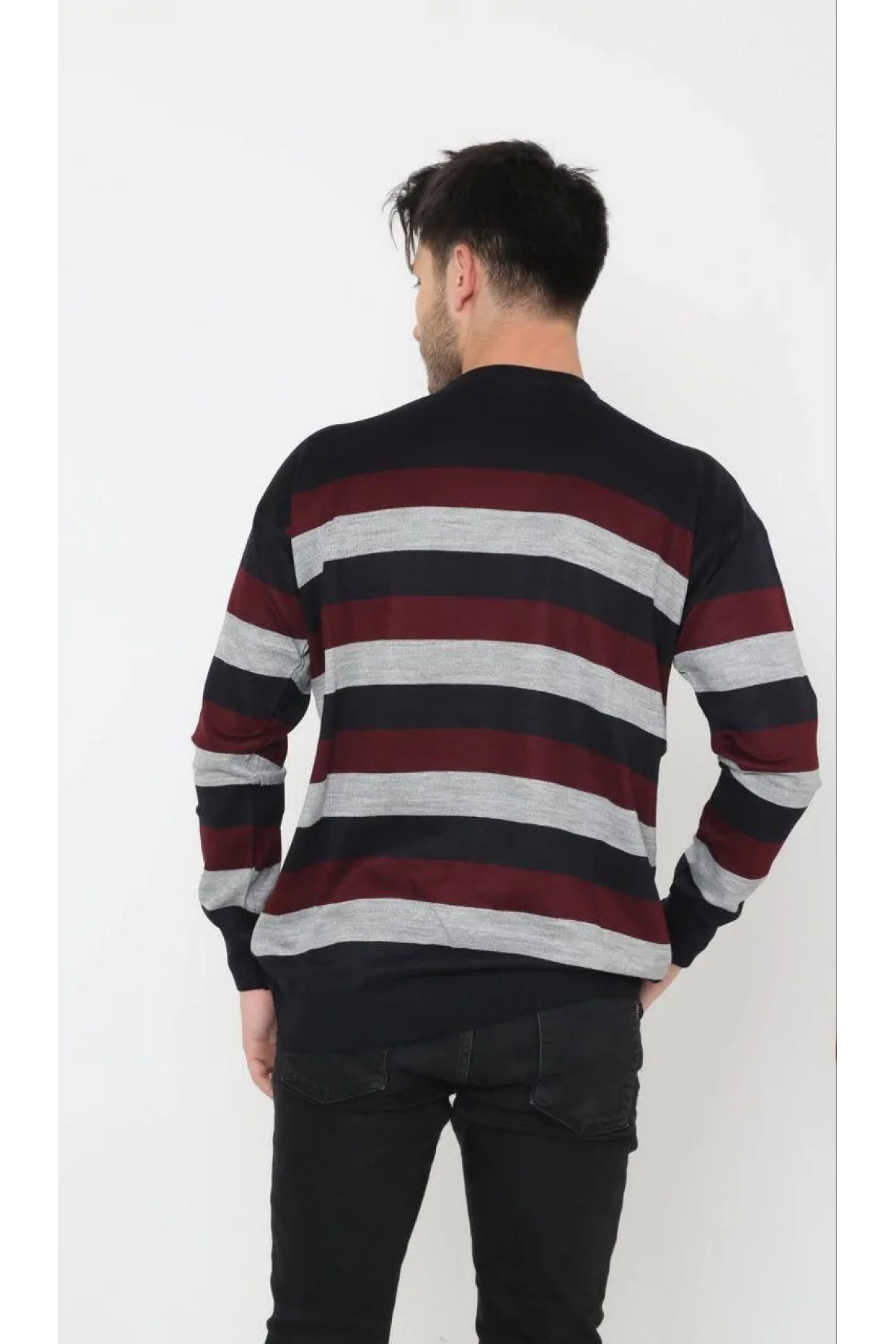 Unisex Kalın Çizgili Bisiklet Yaka Triko Kazak - Gri