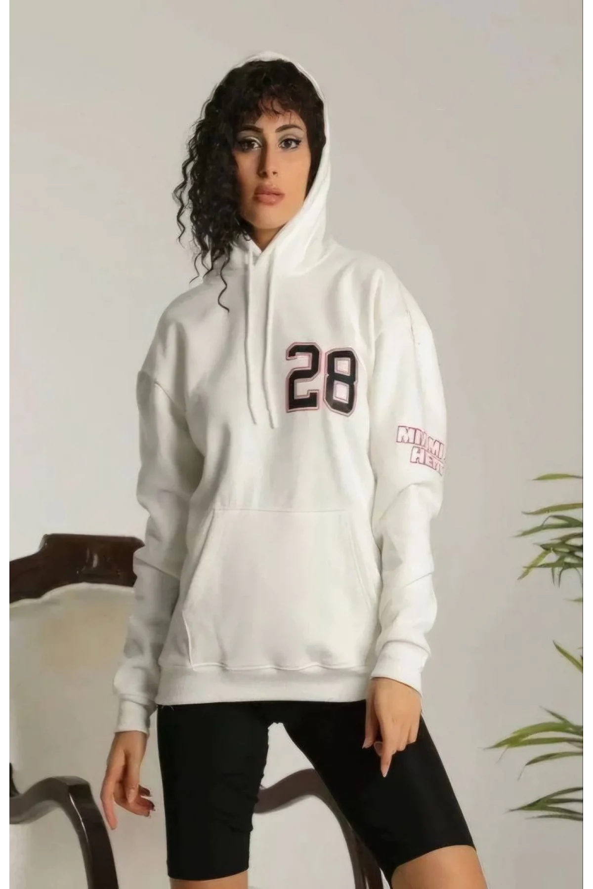 Unisex Kapşonlu Baskılı Sweetshirt - Beyaz