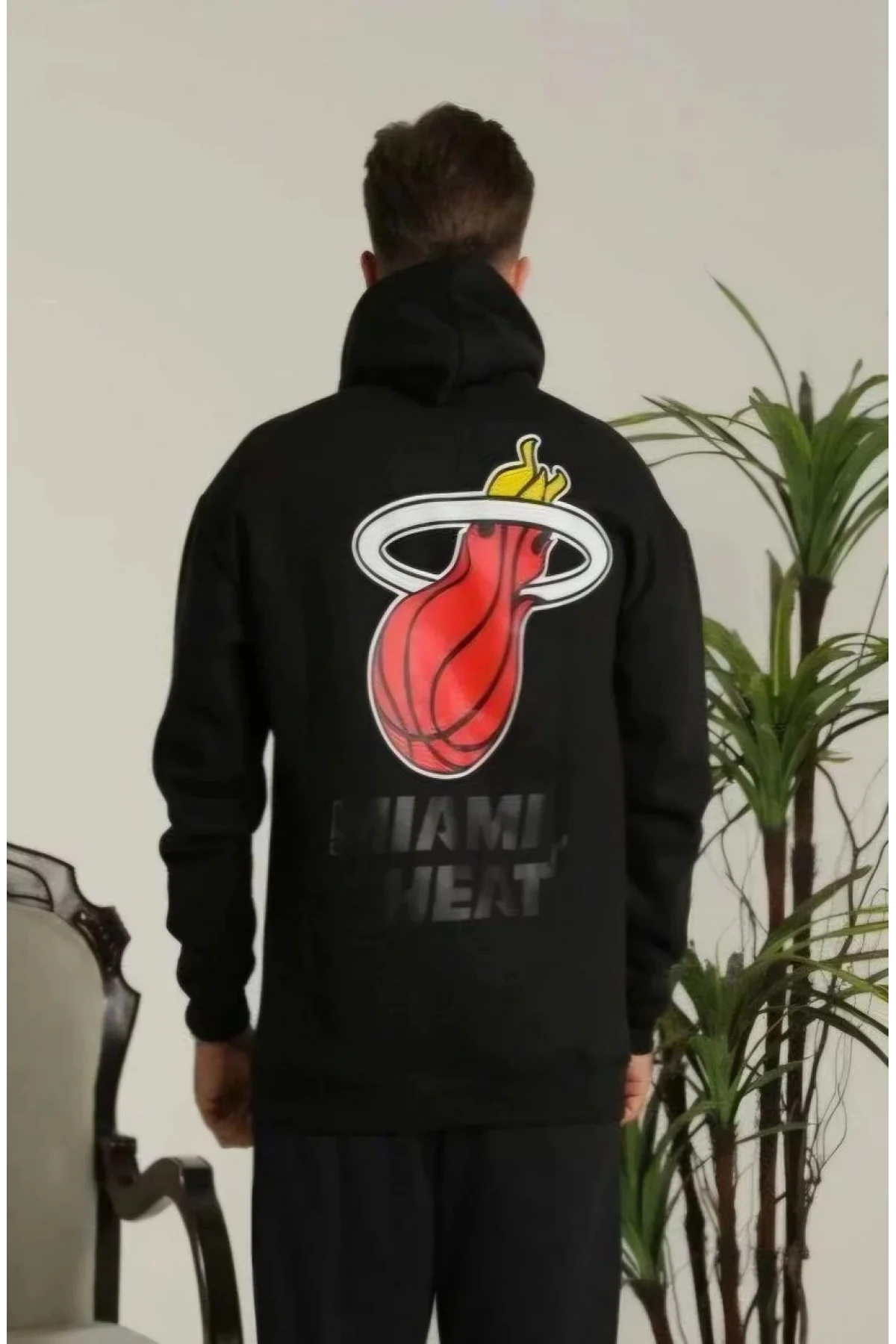 Unisex Kapşonlu Baskılı Sweetshirt - Siyah