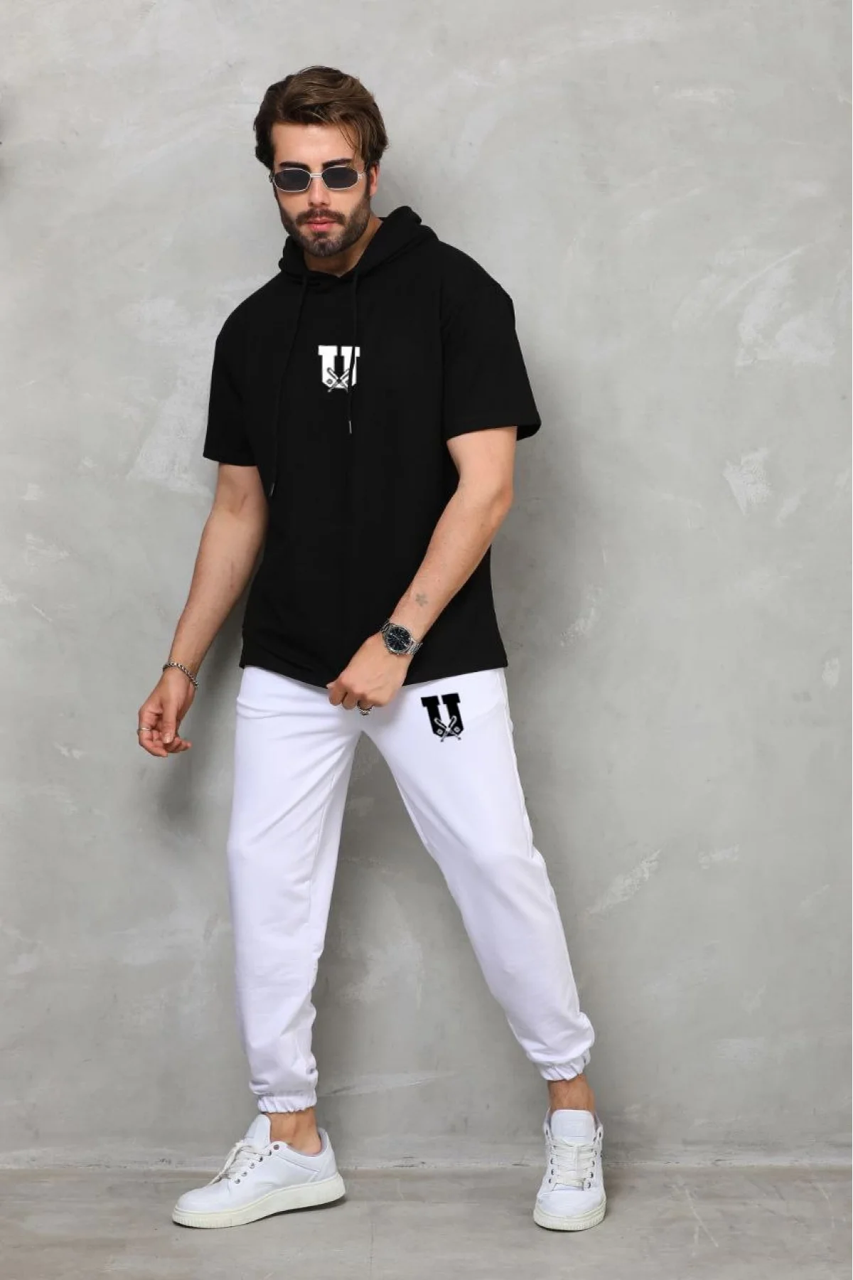 Unisex Kapşonlu Oversize T-Shirt Takım - Siyah