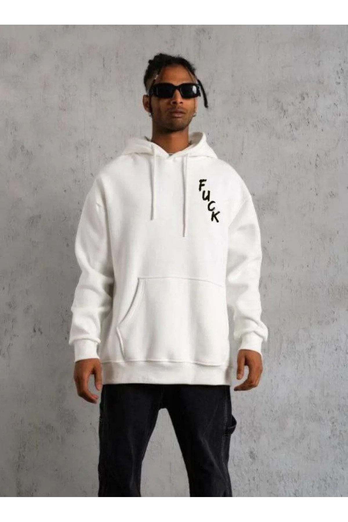 Unisex Kapşonlu Uzun Kol Baskılı Sweetshirt - Beyaz