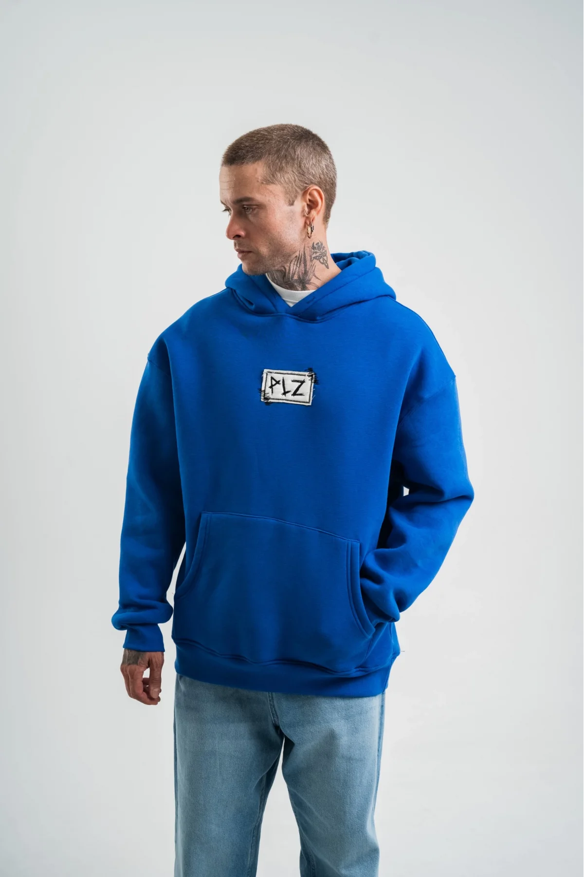 Unisex Kapşonlu Uzun Kol Patchli Nakışlı SweatShirt - Mavi