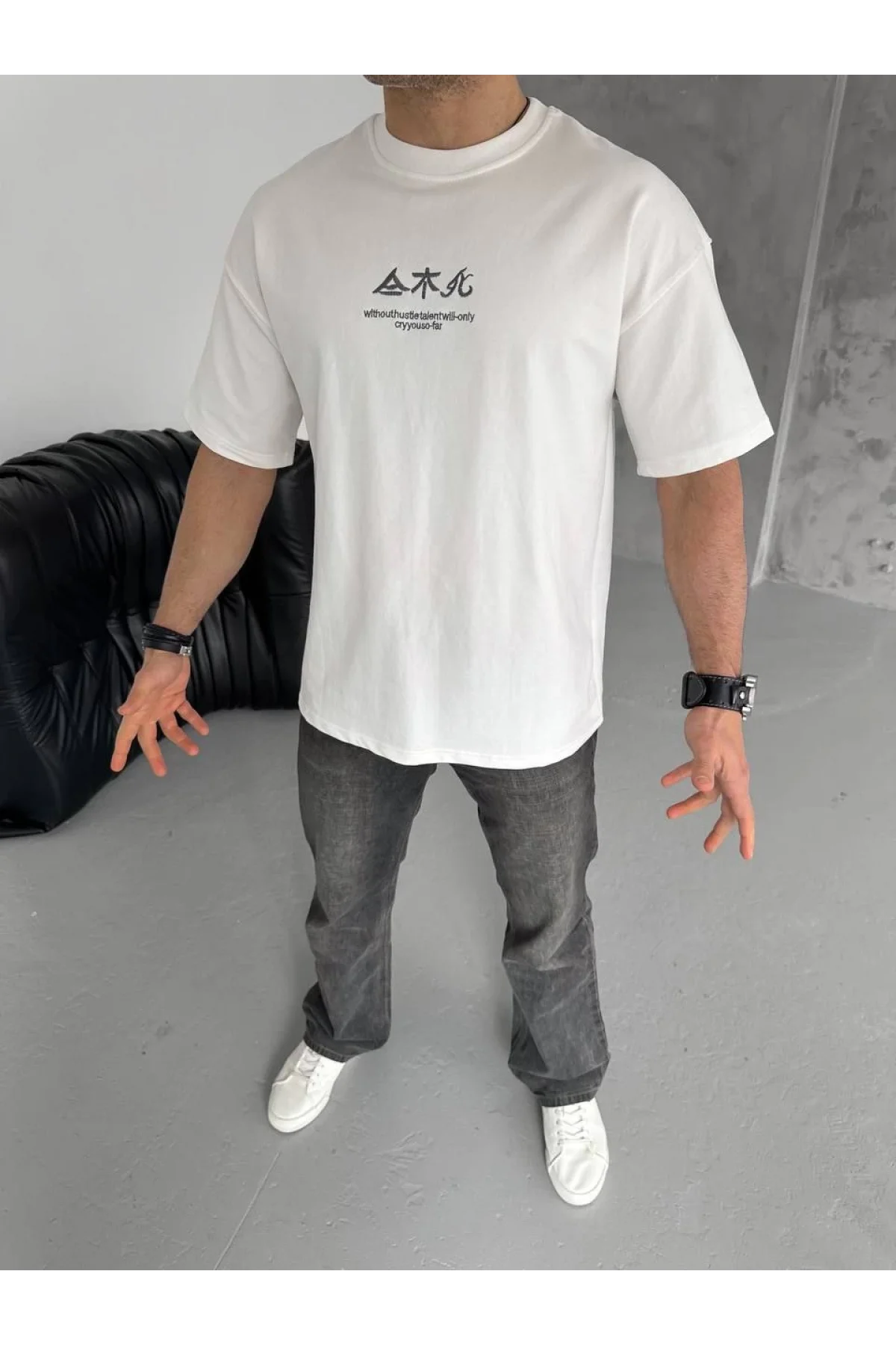 Erkek Bisiklet yaka Baskılı T-Shirt - Beyaz