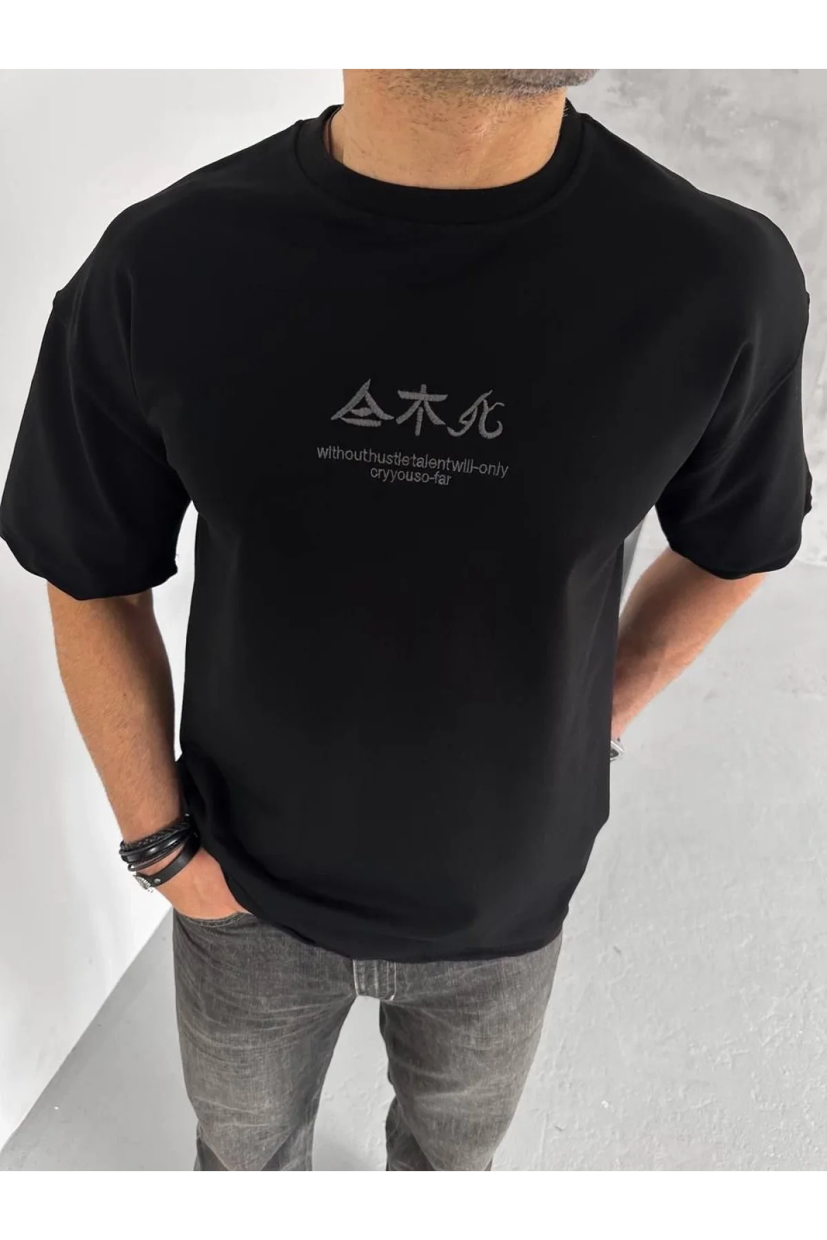 Erkek Baskılı Bisiklet Yaka T-Shirt - Siyah