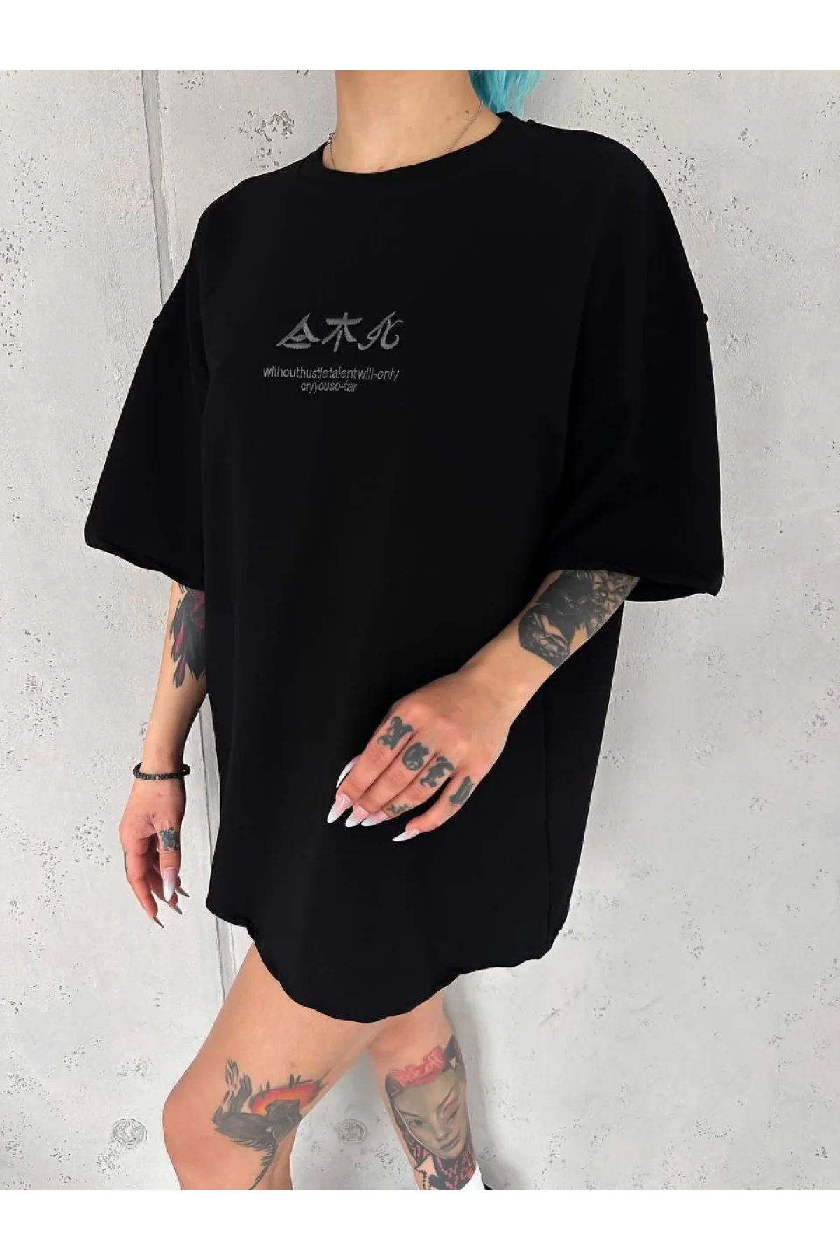 Kadın Baskılı kısa kol Oversize T-Shirt - Siyah