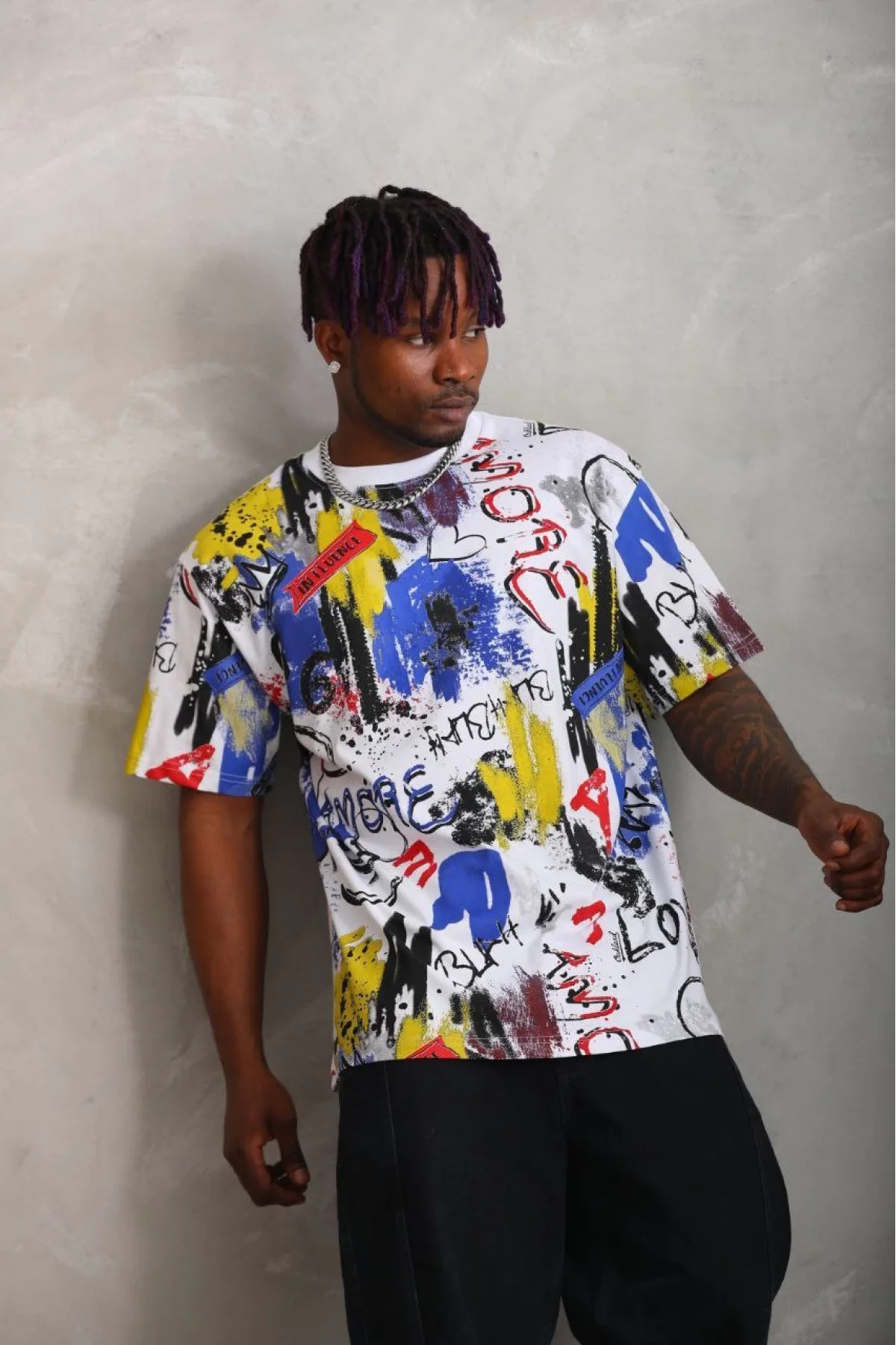 Unisex Oversize Baskılı Bisiklet Yaka T-Shirt - Beyaz