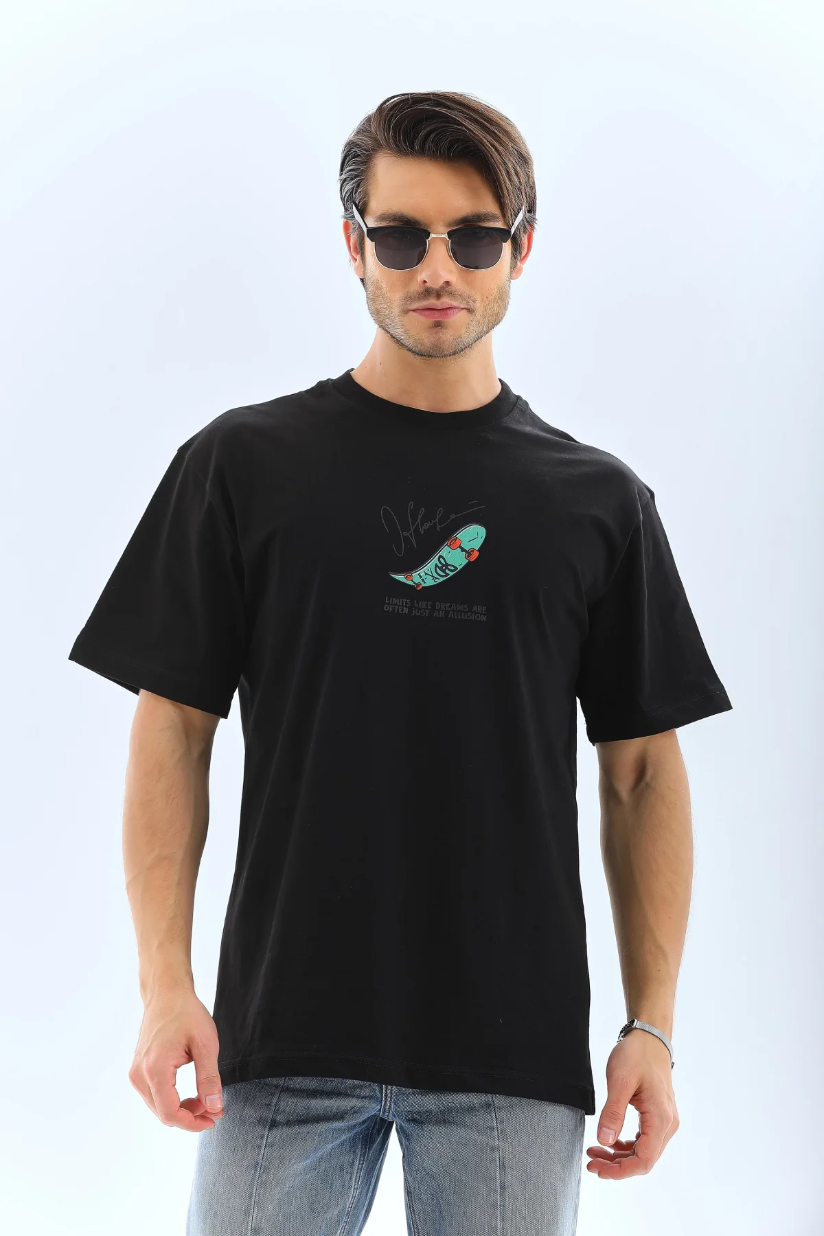 Erkek Kısa Kol Baskılı Bisiklet Yaka T-Shirt - Siyah