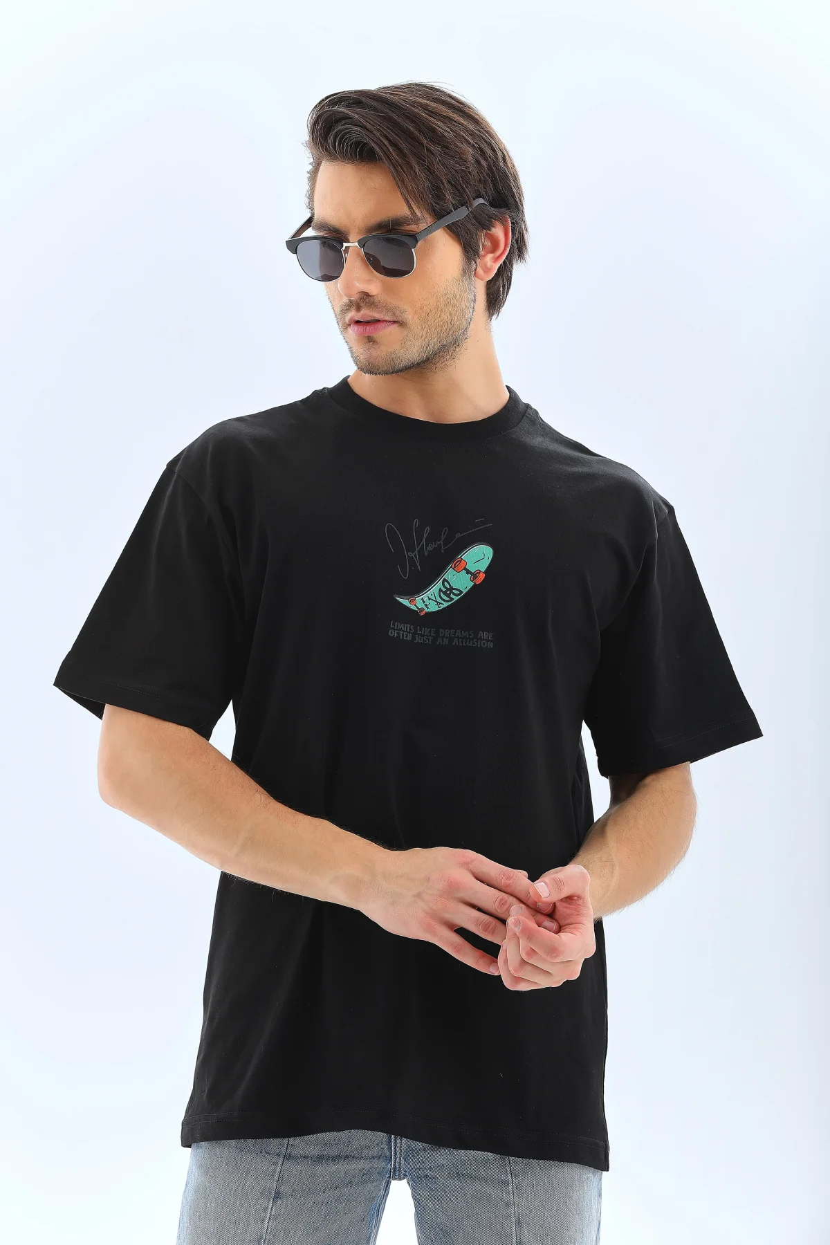 Erkek Kısa Kol Baskılı Bisiklet Yaka T-Shirt - Siyah