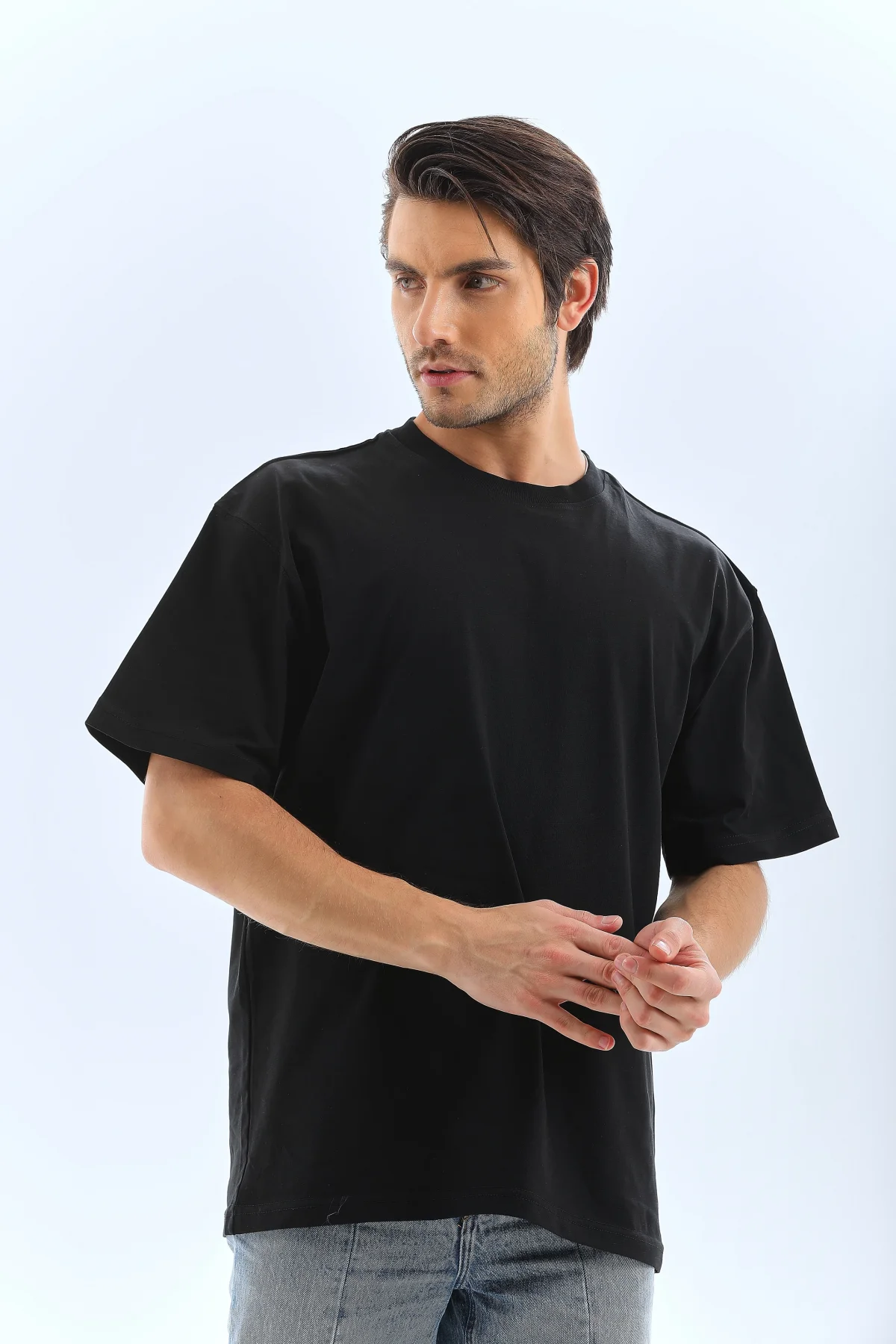 Unisex Oversize Düz Bisiklet Yaka T-Shirt - Siyah