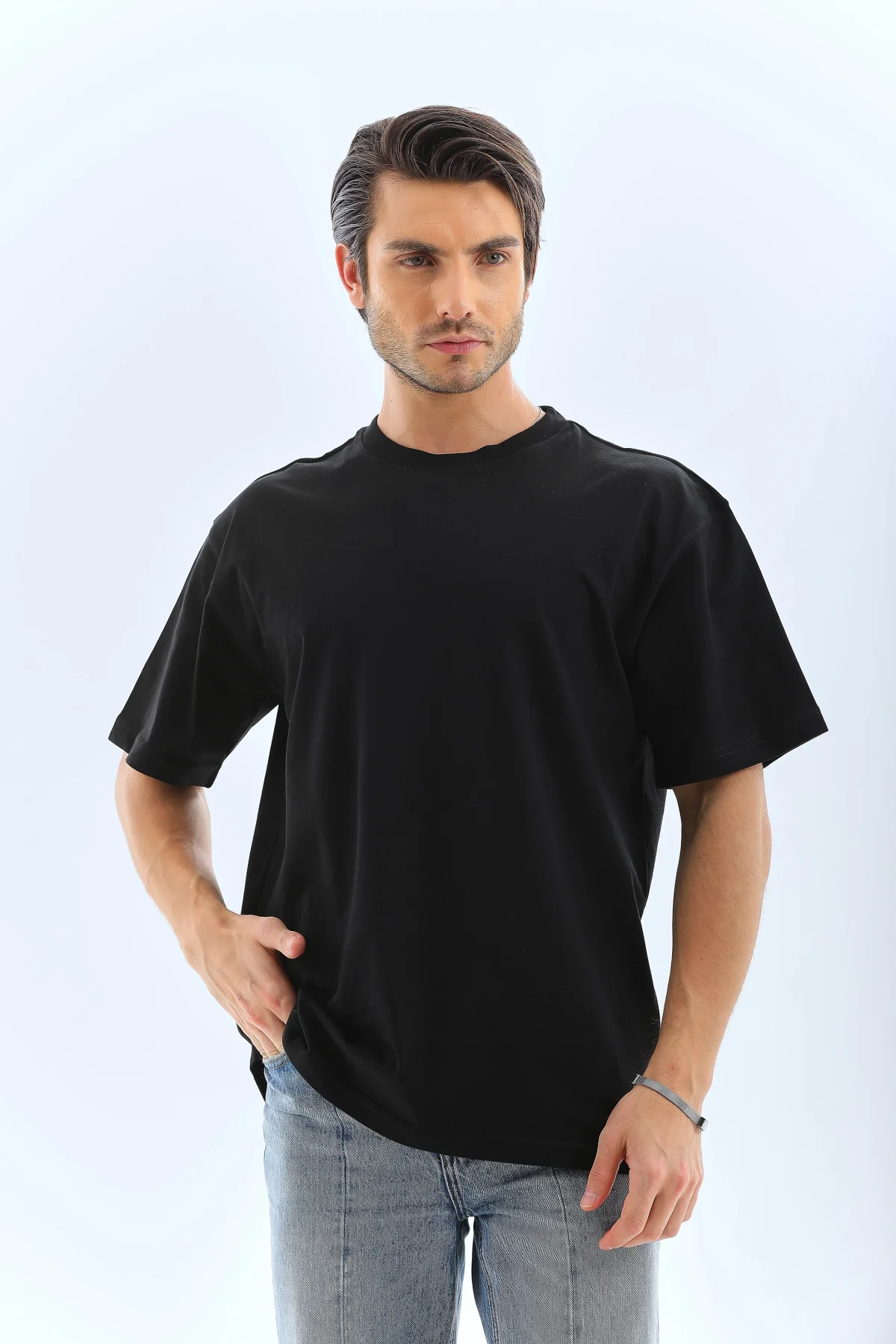 Unisex Oversize Düz Bisiklet Yaka T-Shirt - Siyah