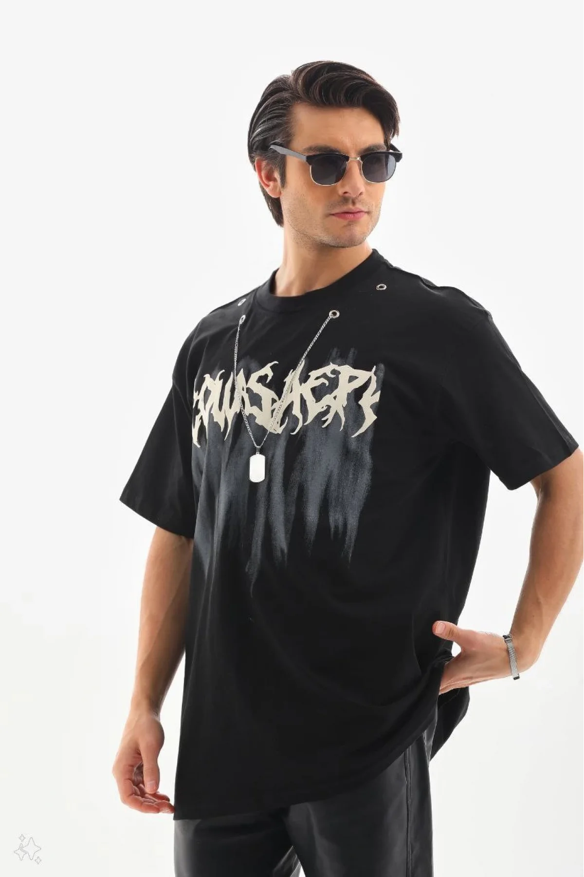 Unisex Oversize Kolye Dahil T-Shirt - Siyah
