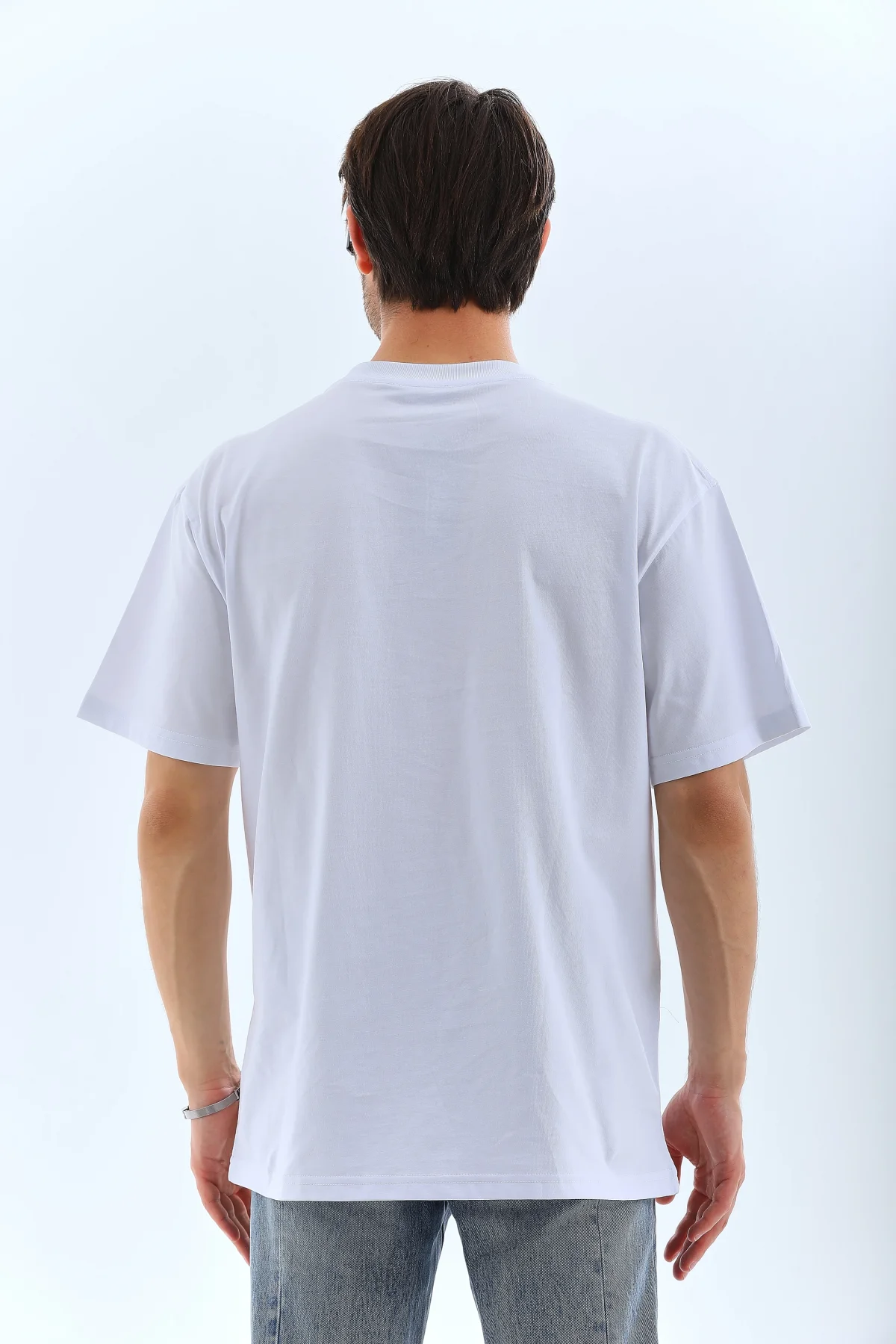 Unisex Oversize Taşlı Bisiklet Yaka T-Shirt - Beyaz