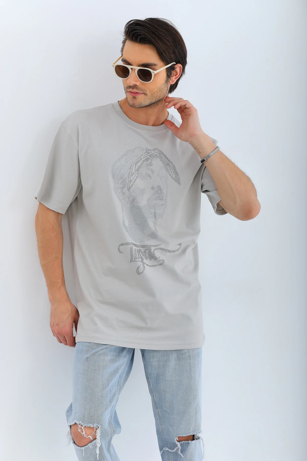 Unisex Oversize Taşlı Bisiklet Yaka T-Shirt - Gri