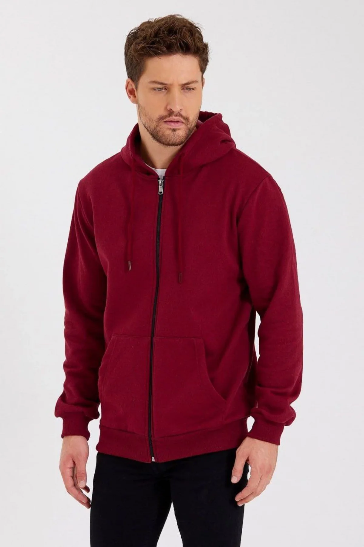 Erkek 3 İplik Pamuklu Tam Fermuarlı Kapüşonlu Kanguru Cepli Düz Hoodie Sweatshirt - Bordo