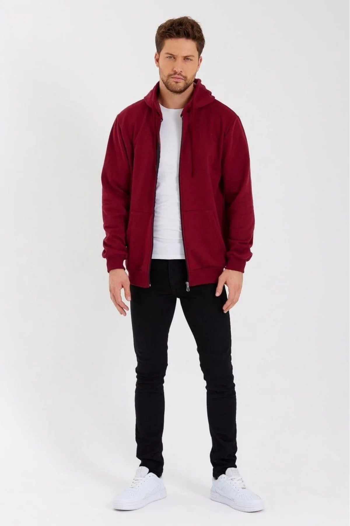 Erkek 3 İplik Pamuklu Tam Fermuarlı Kapüşonlu Kanguru Cepli Düz Hoodie Sweatshirt - Bordo