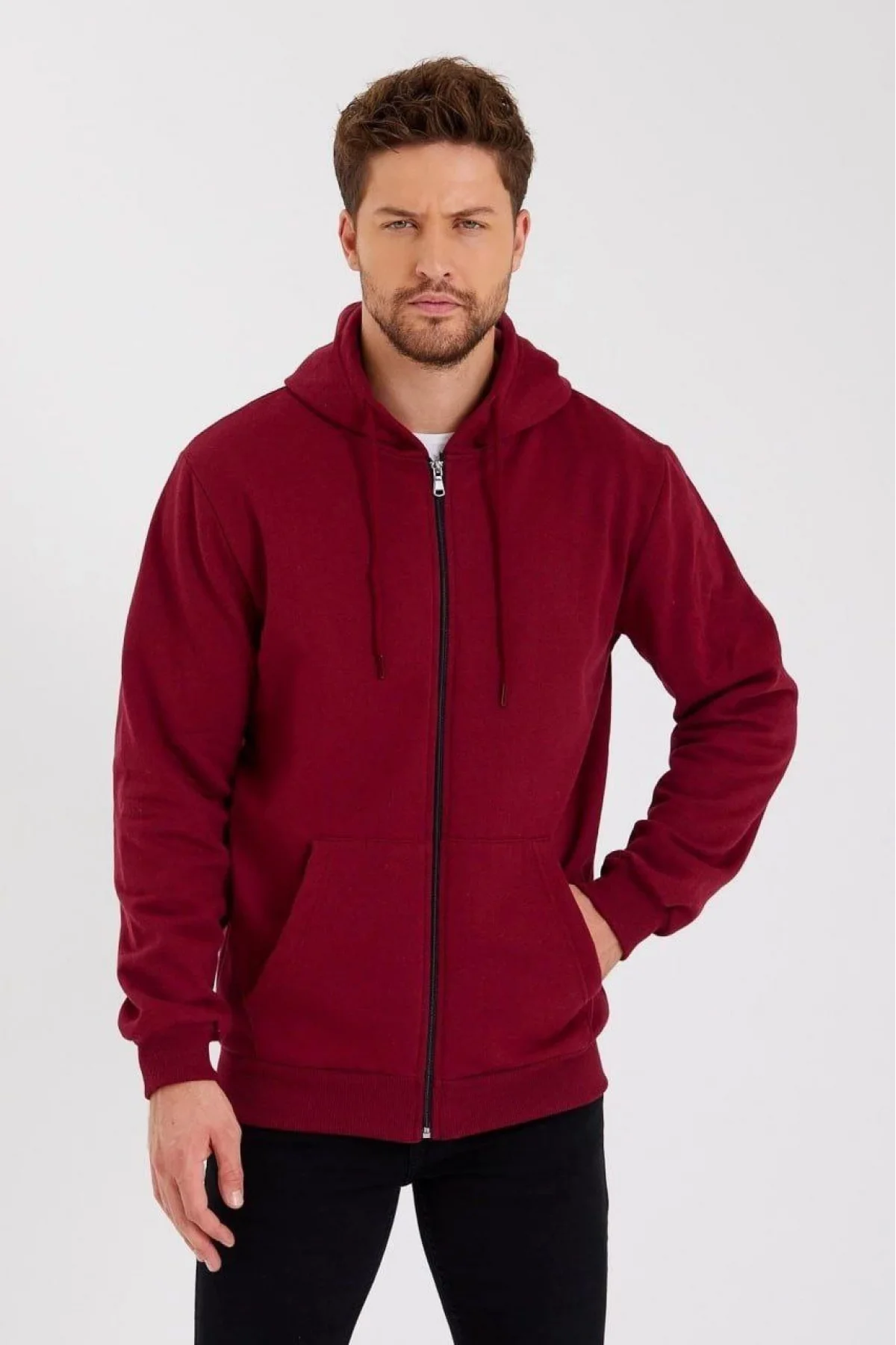 Erkek 3 İplik Pamuklu Tam Fermuarlı Kapüşonlu Kanguru Cepli Düz Hoodie Sweatshirt - Bordo